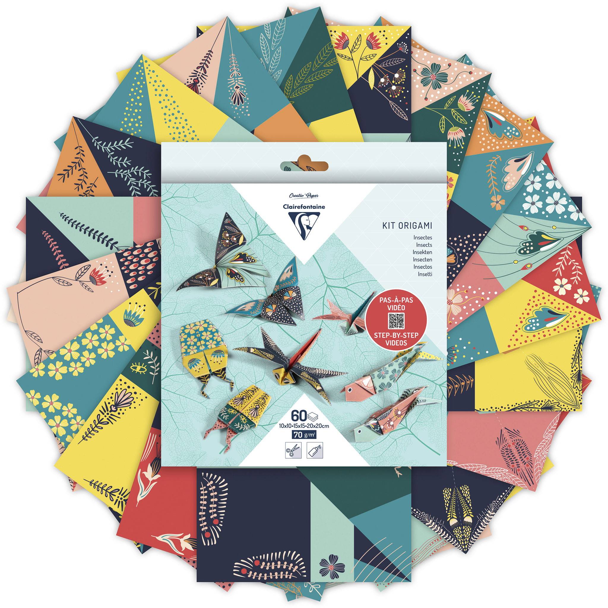 Clairefontaine 5x Origami, Pack. 60 Blatt in 3 Formaten, Thema Insekten - 95366C