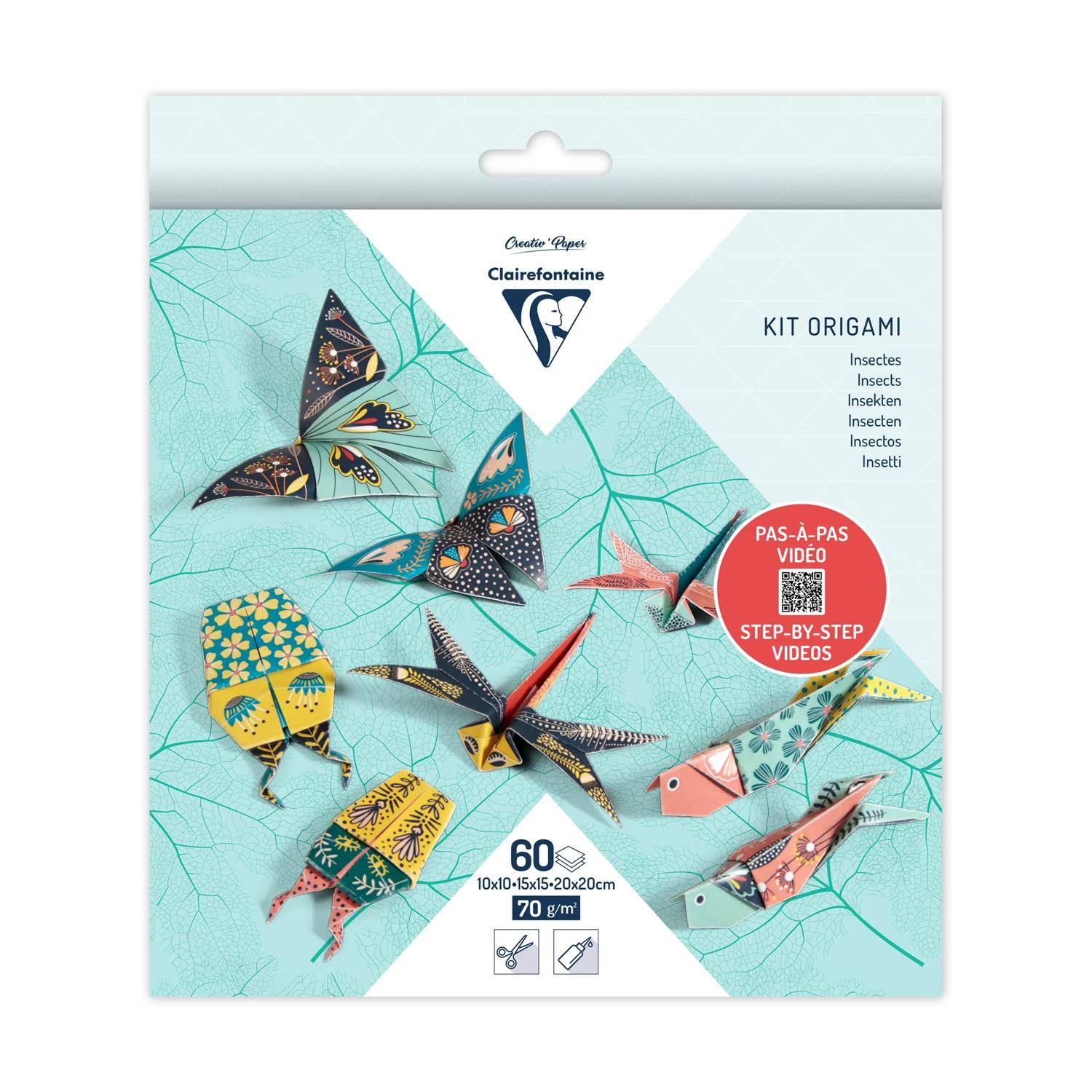 Clairefontaine 5x Origami, Pack. 60 Blatt in 3 Formaten, Thema Insekten - 95366C