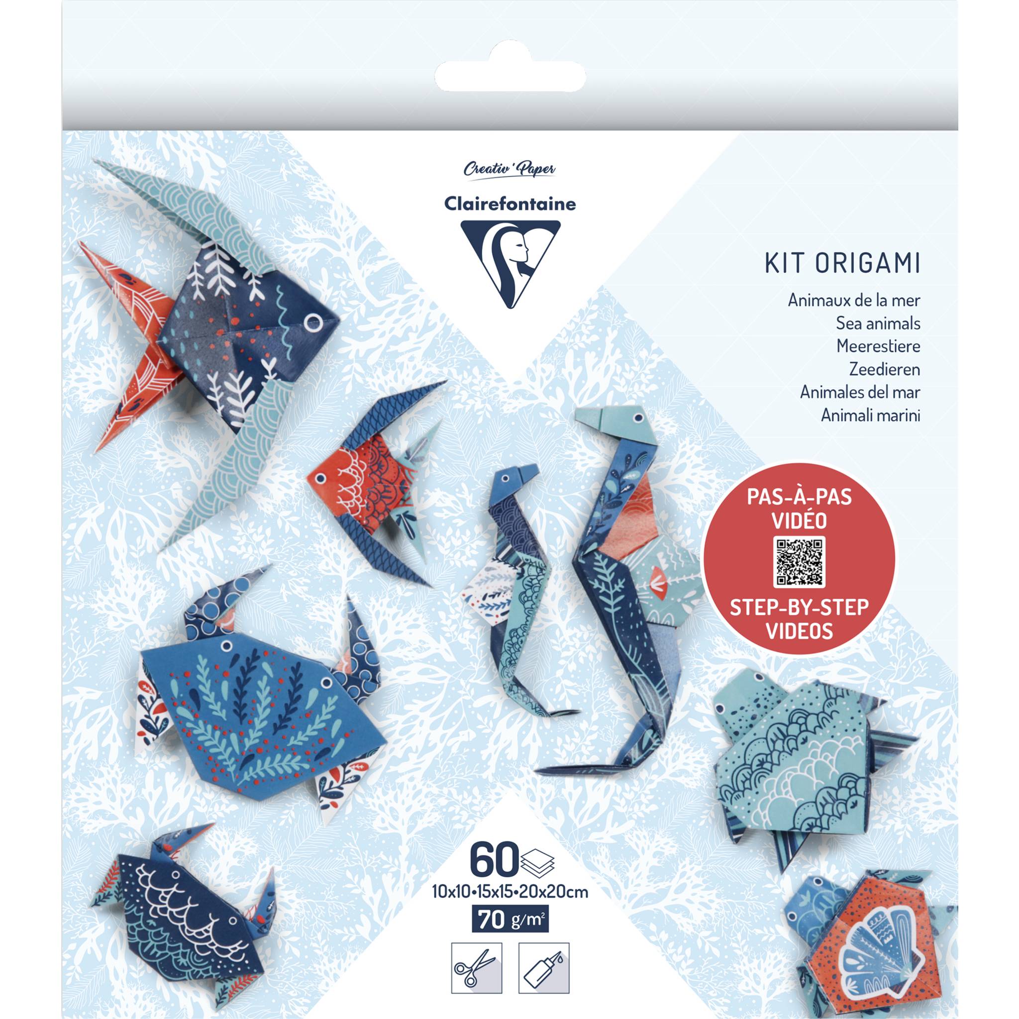 Clairefontaine 5x Origami, Pack. 60 Blatt in 3 Formaten Thema Meerestiere 95367C