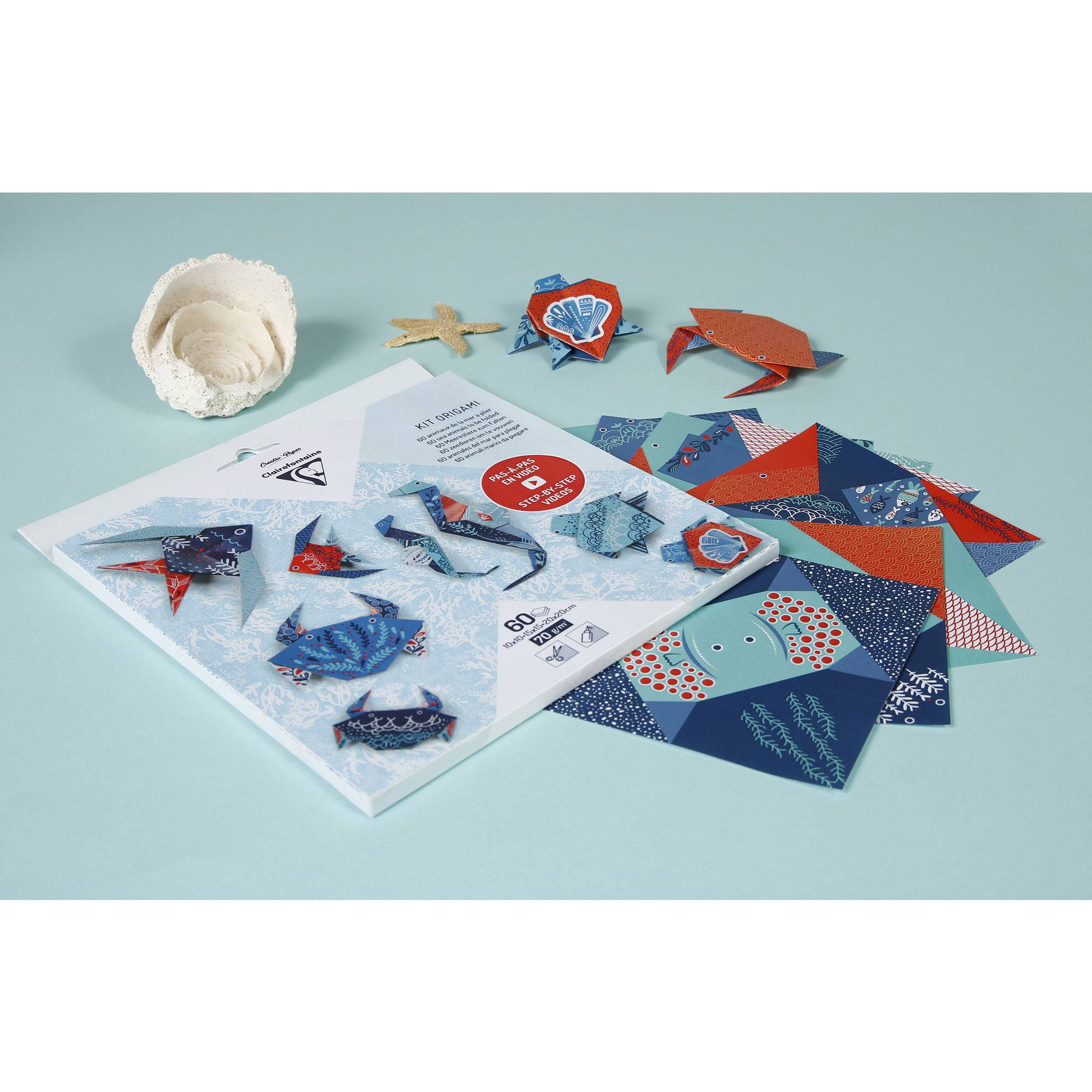 Clairefontaine 5x Origami, Pack. 60 Blatt in 3 Formaten Thema Meerestiere 95367C