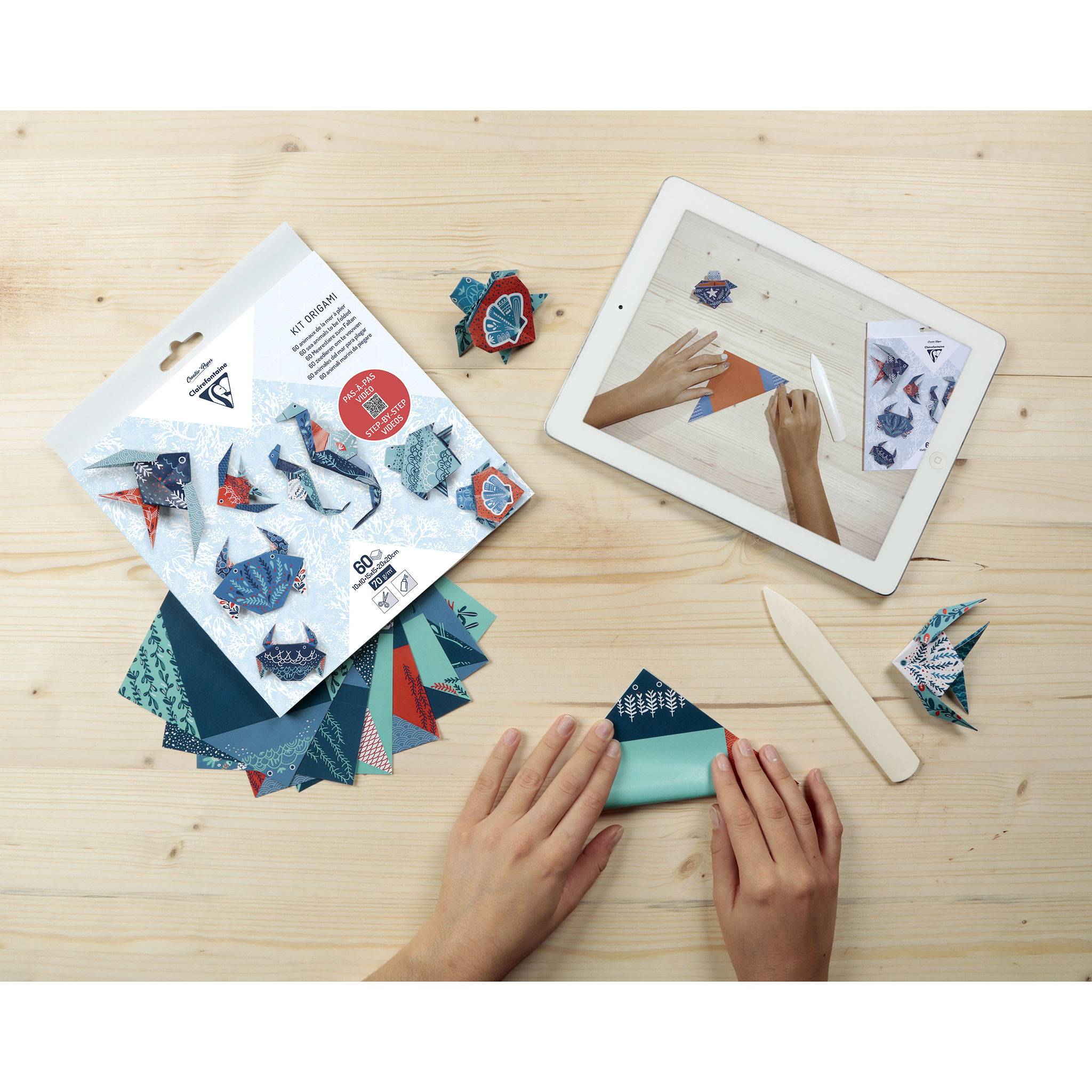 Clairefontaine 5x Origami, Pack. 60 Blatt in 3 Formaten Thema Meerestiere 95367C