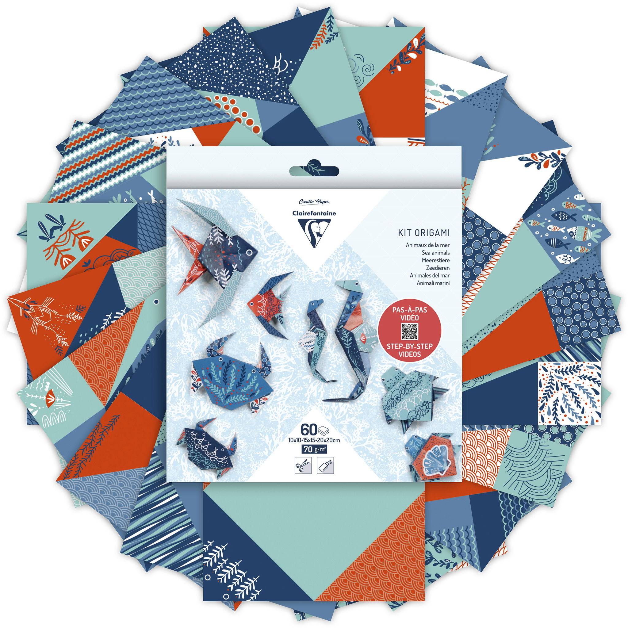 Clairefontaine 5x Origami, Pack. 60 Blatt in 3 Formaten Thema Meerestiere 95367C