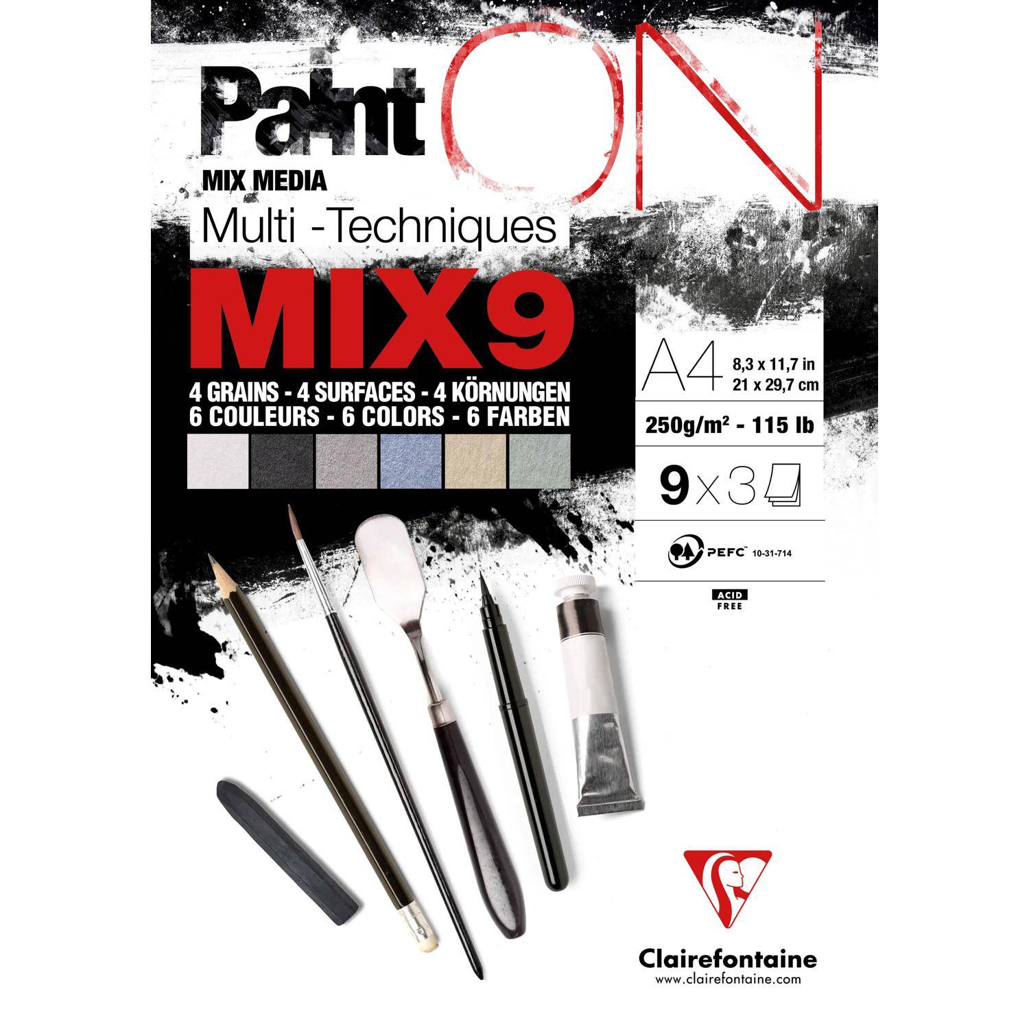 Clairefontaine 4x Block geleimt, 27 Blatt (9x3) A4 250g, sortiert - 960076C