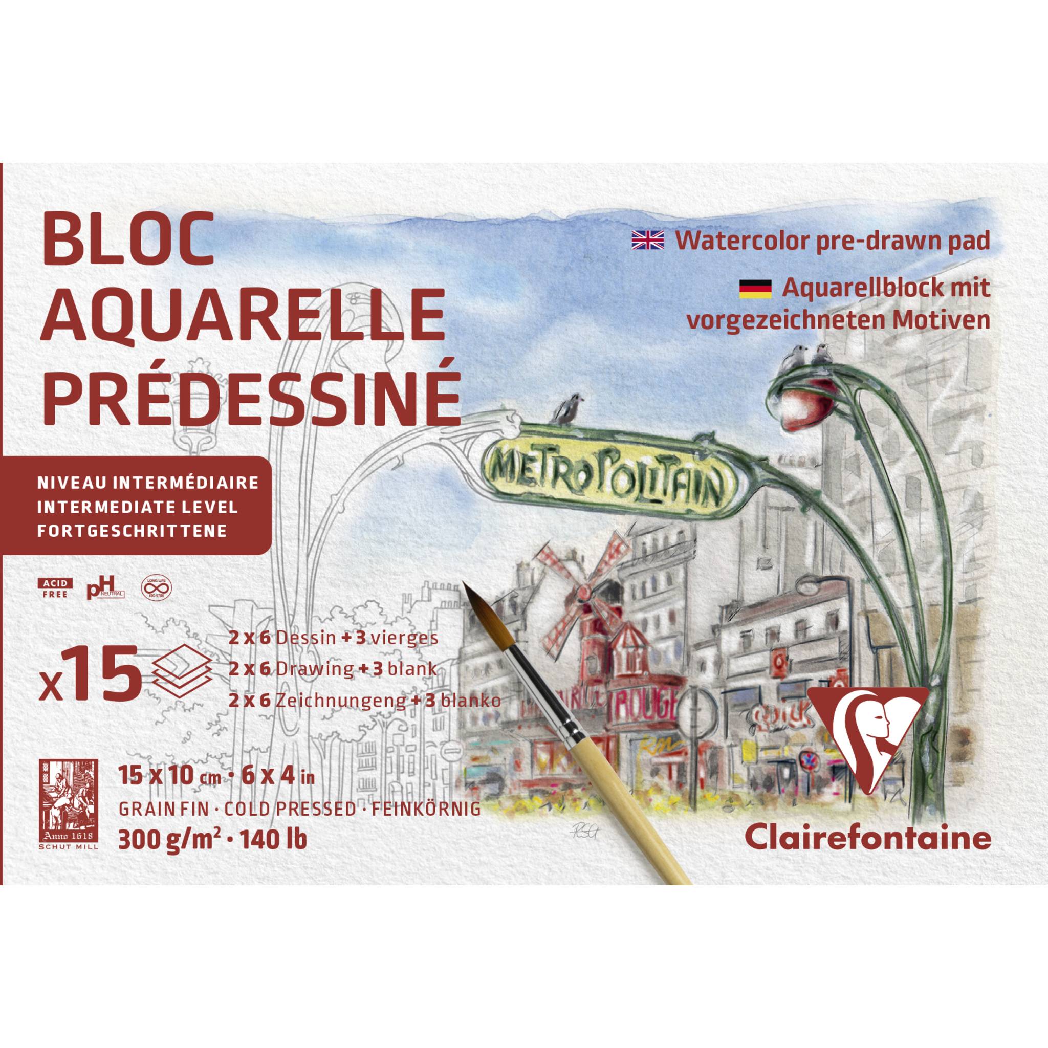 Clairefontaine 5x Aquarellblock 10x15cm 15 Blatt Motiv Paris 975727C
