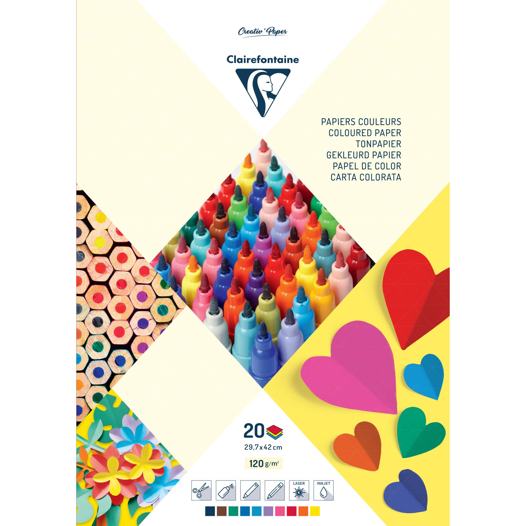 Clairefontaine 5x Farbiges Papier, Block mit 20 Blatt A3 120g/m2 - 97148C