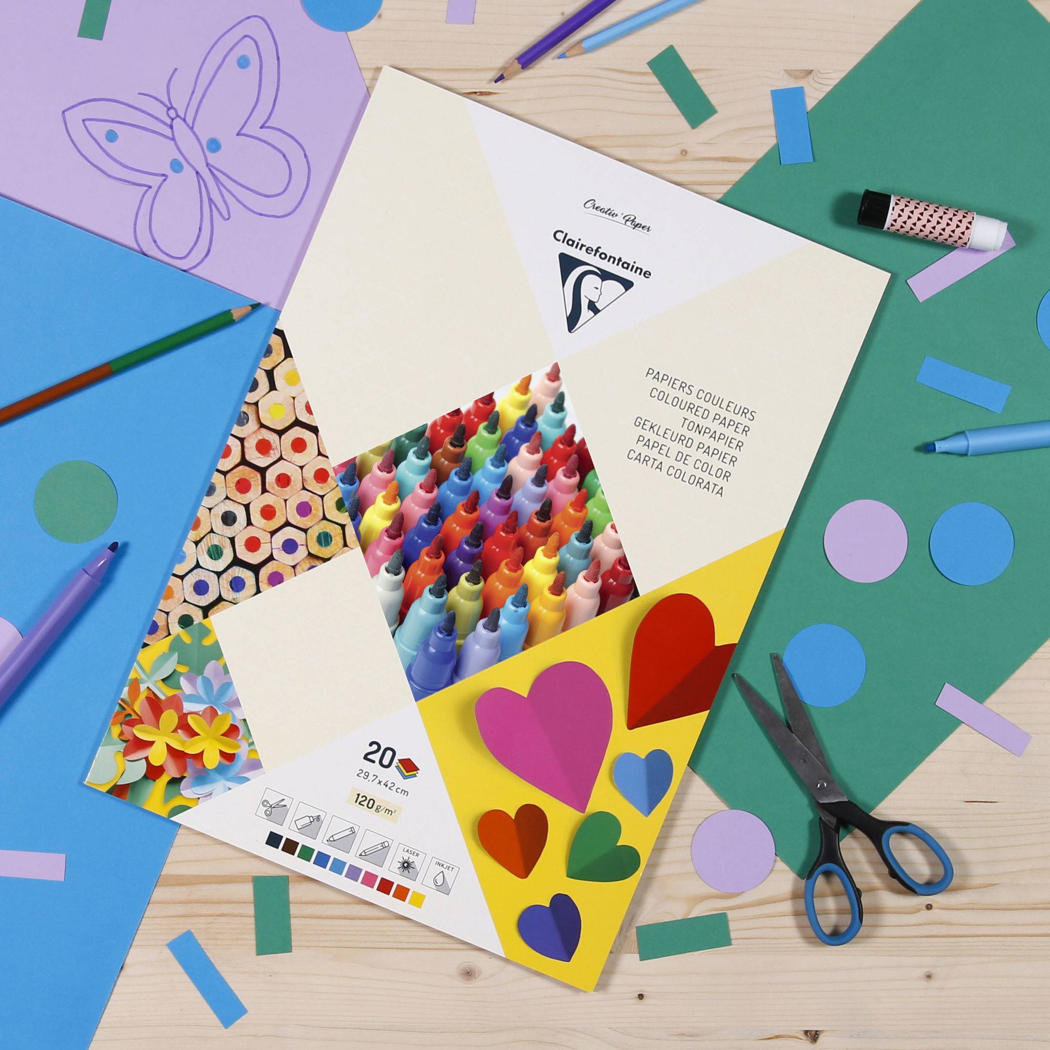 Clairefontaine 5x Farbiges Papier, Block mit 20 Blatt A3 120g/m2 - 97148C