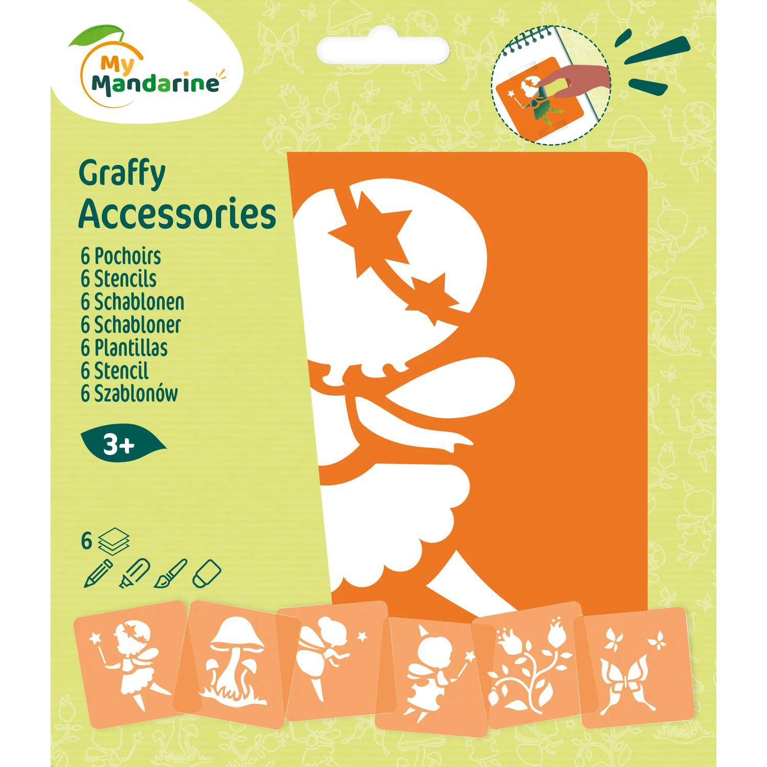 Avenue Mandarine 3x 6-teiliges Schablonenset für Kinder, Feen - Orange 42839O