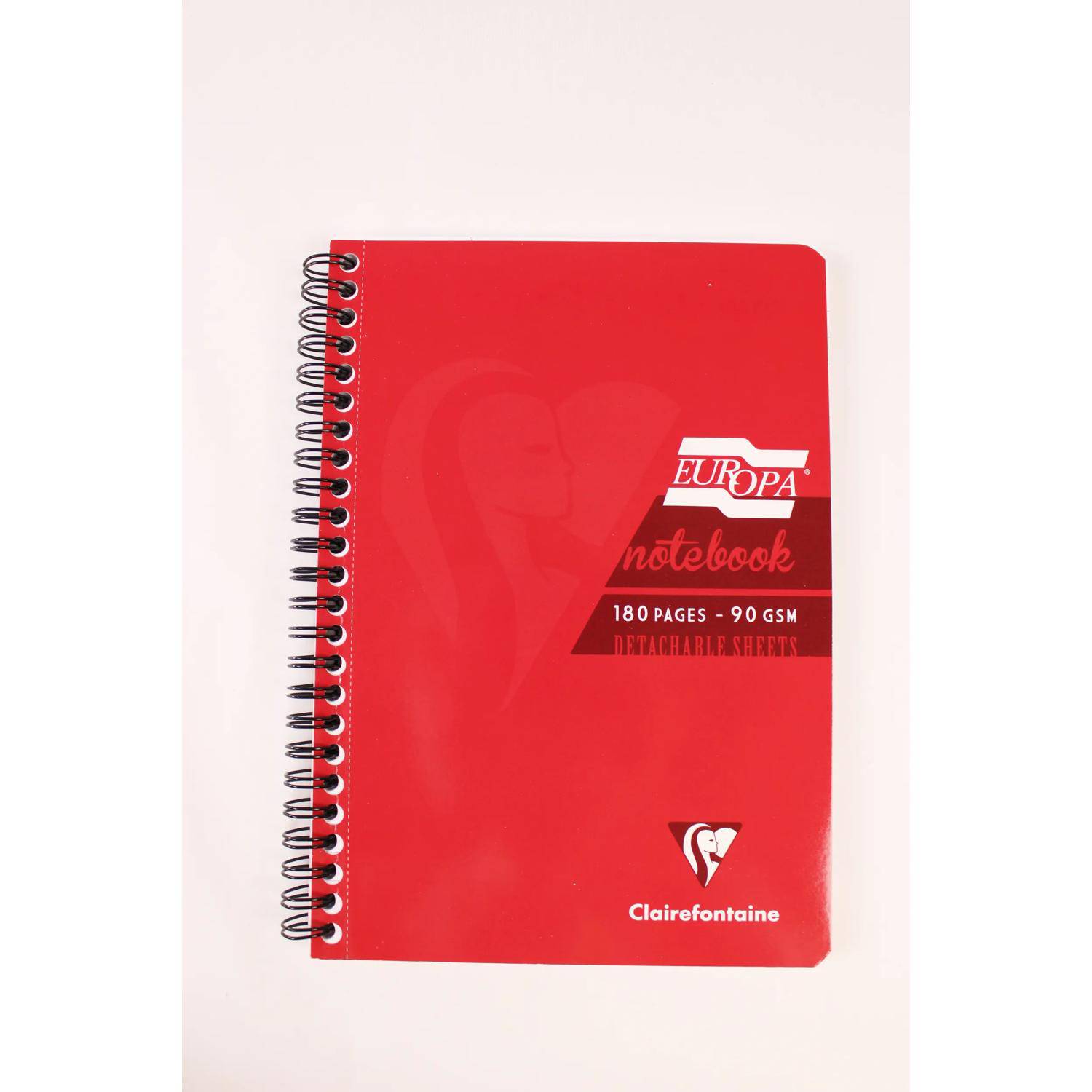 Rotes spiralgebundenes Clairefontaine Europa Notizbuch mit 180 Seiten, 90 g/m² ablösbare Blätter, auf weißem Hintergrund abgebildet.