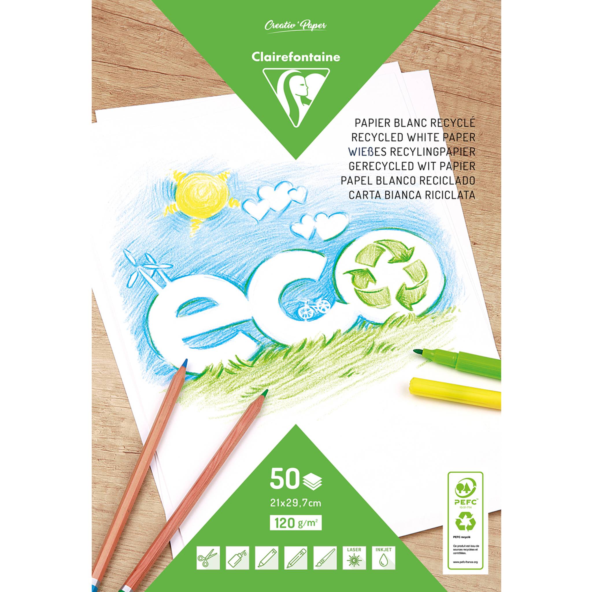 Clairefontaine 5x Weißes Recyclingpapier, Block mit 50 Bl A4, 120g Weiß 26509C