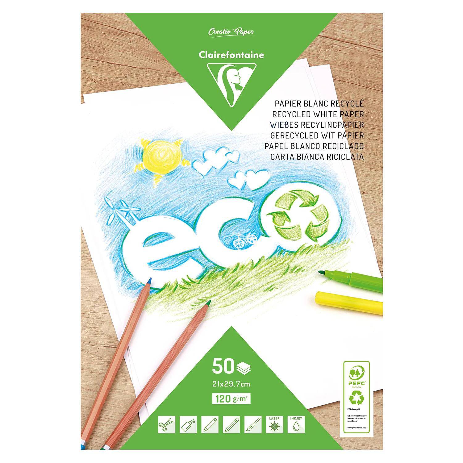 Clairefontaine 5x Weißes Papier, Block mit 50 Bl A4, 120g Weiß 26509C