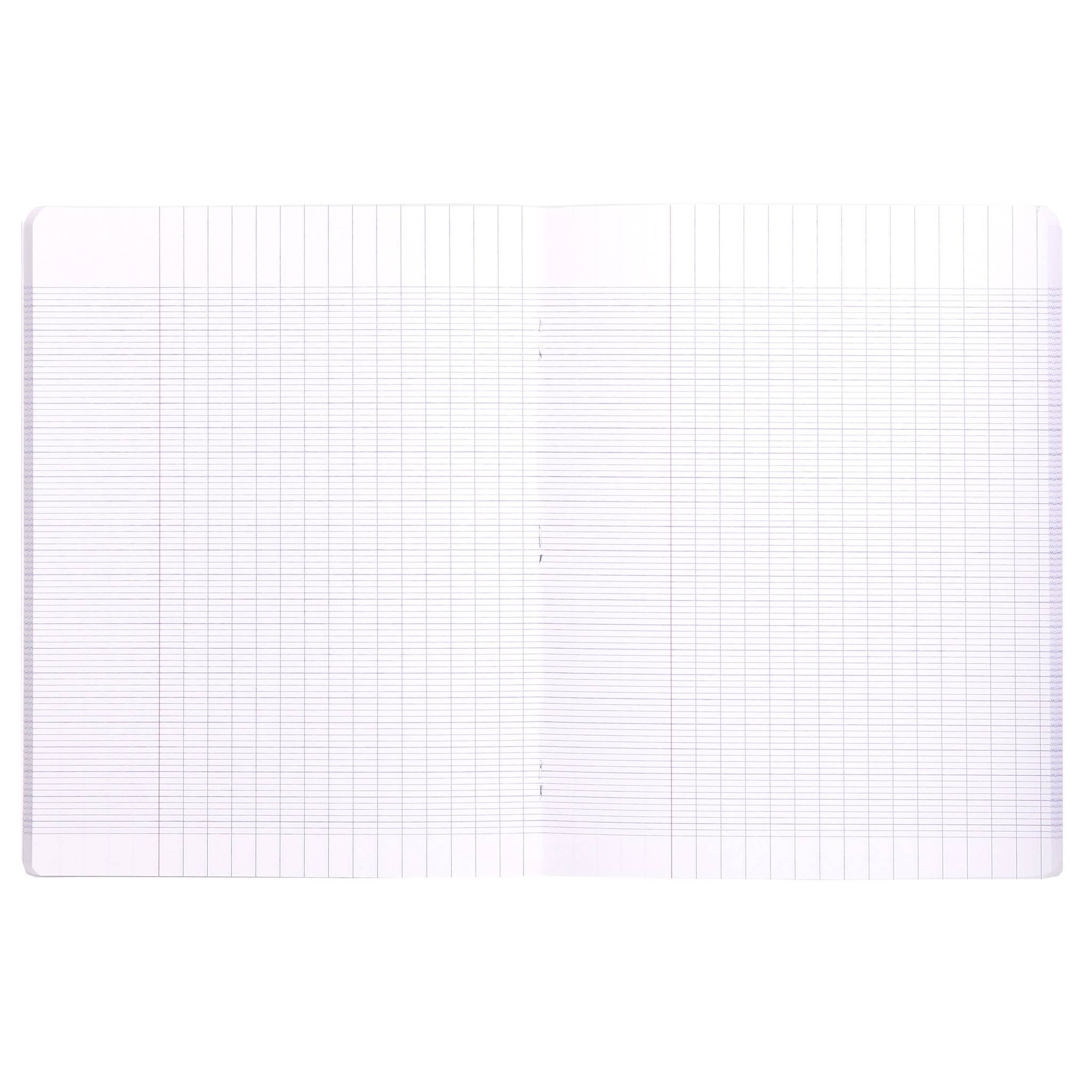 Seite eines leeren Millimeterpapier-Notizbuches mit einer feinen Mittelbiegungslinie und hellviolettem Raster, dargestellt als einfache Vorlage.