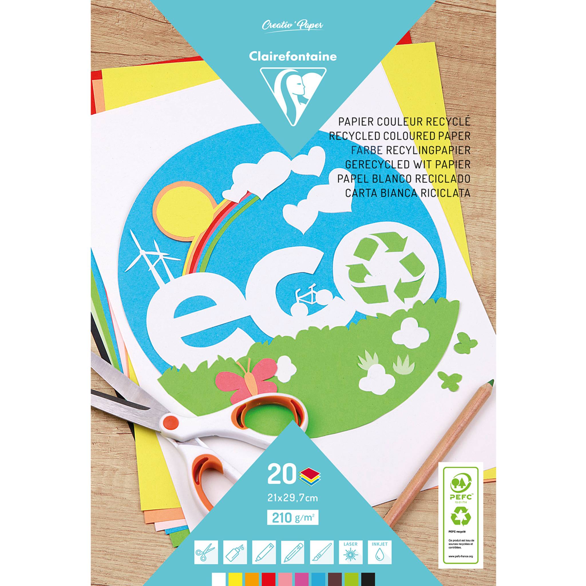 Clairefontaine 5x Recyclingpapier Block mit 20 Blatt A4 10 Farben sort. 26503C