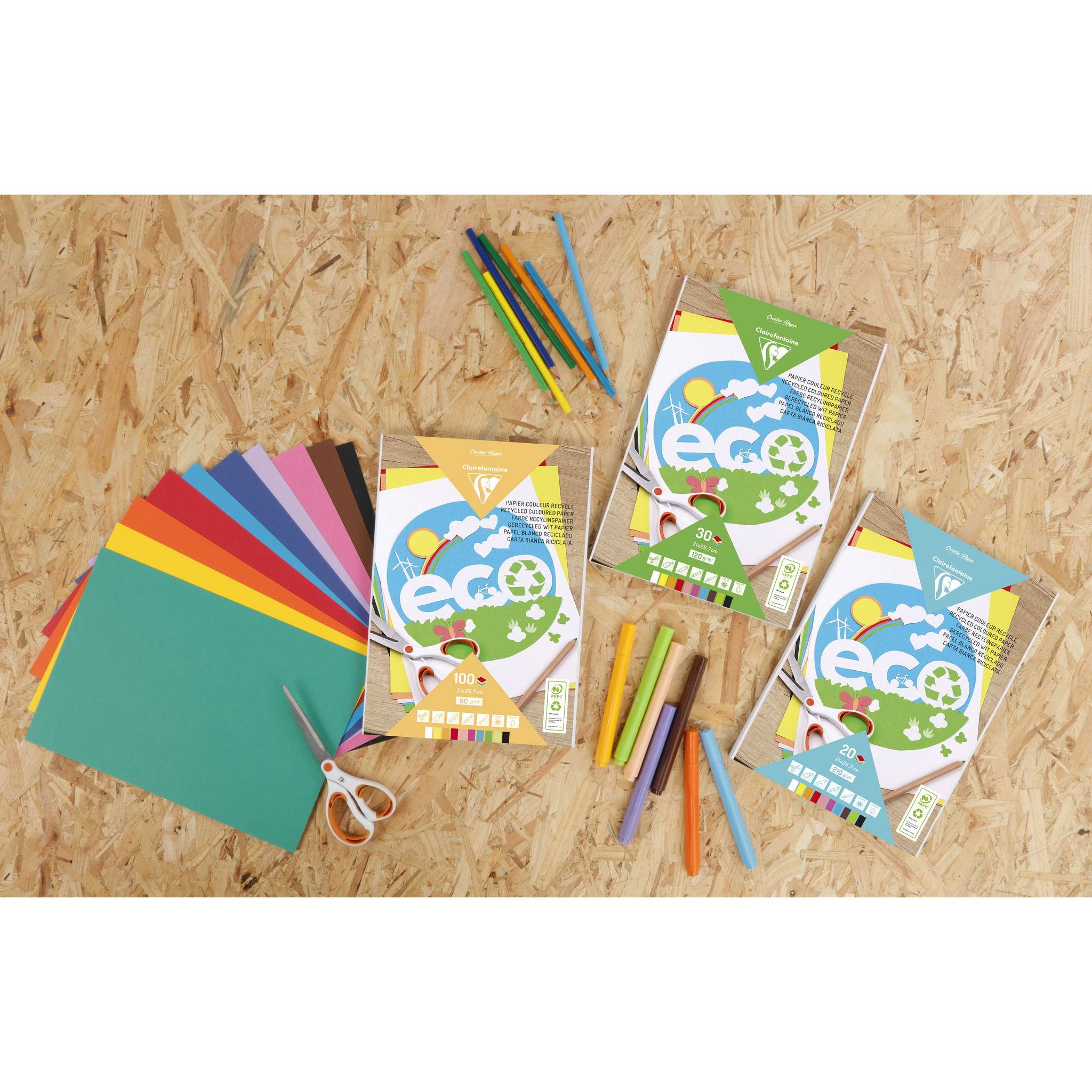 Clairefontaine 5x Recyclingpapier Block mit 20 Blatt A4 10 Farben sort. 26503C