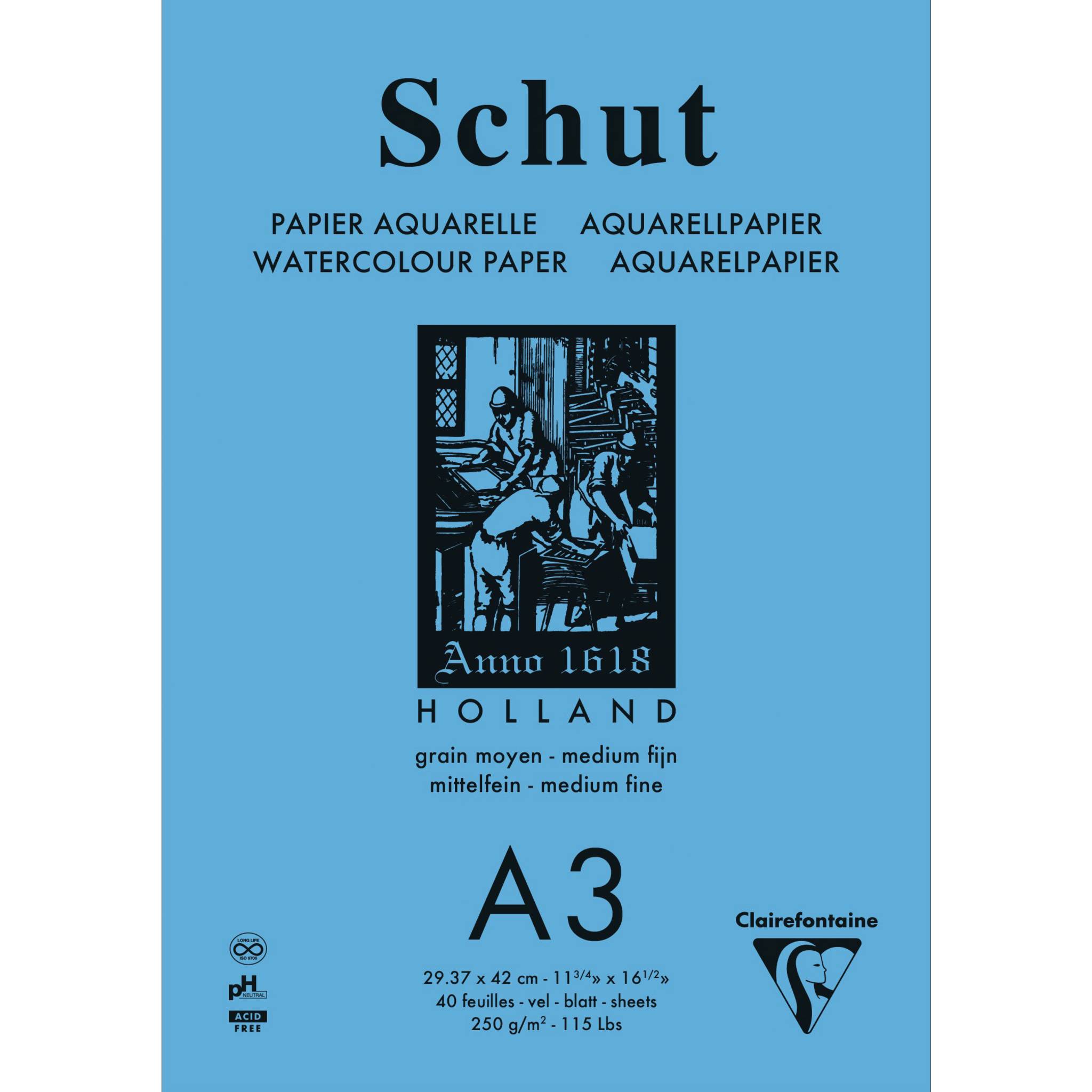 Clairefontaine 3x Schut Aquarellblock A3 geleimt 40 Blatt weiß 975735C