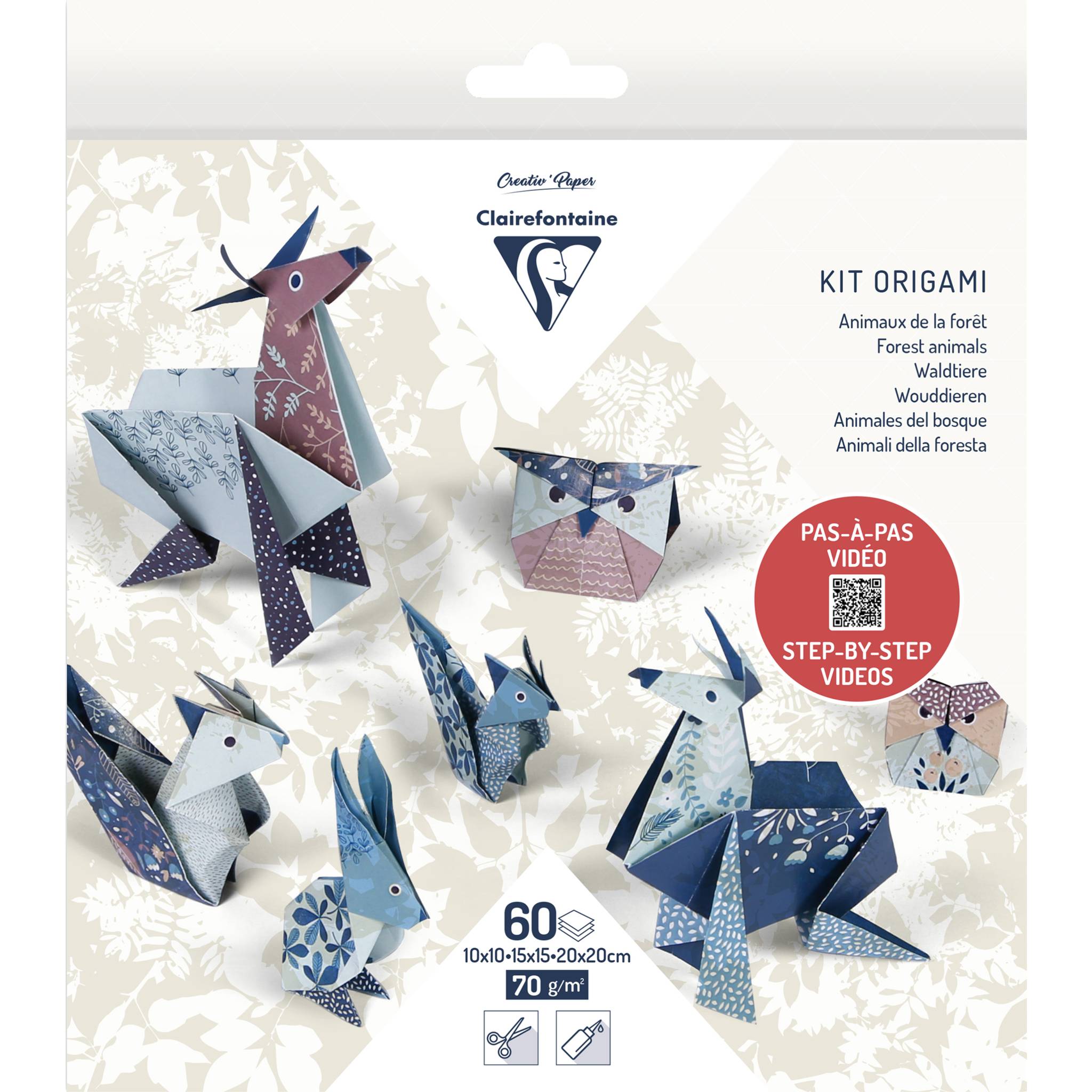 Clairefontaine 5x Origami, Pack. 60 Blatt in 3 Formaten, Thema Waldtiere 95368C