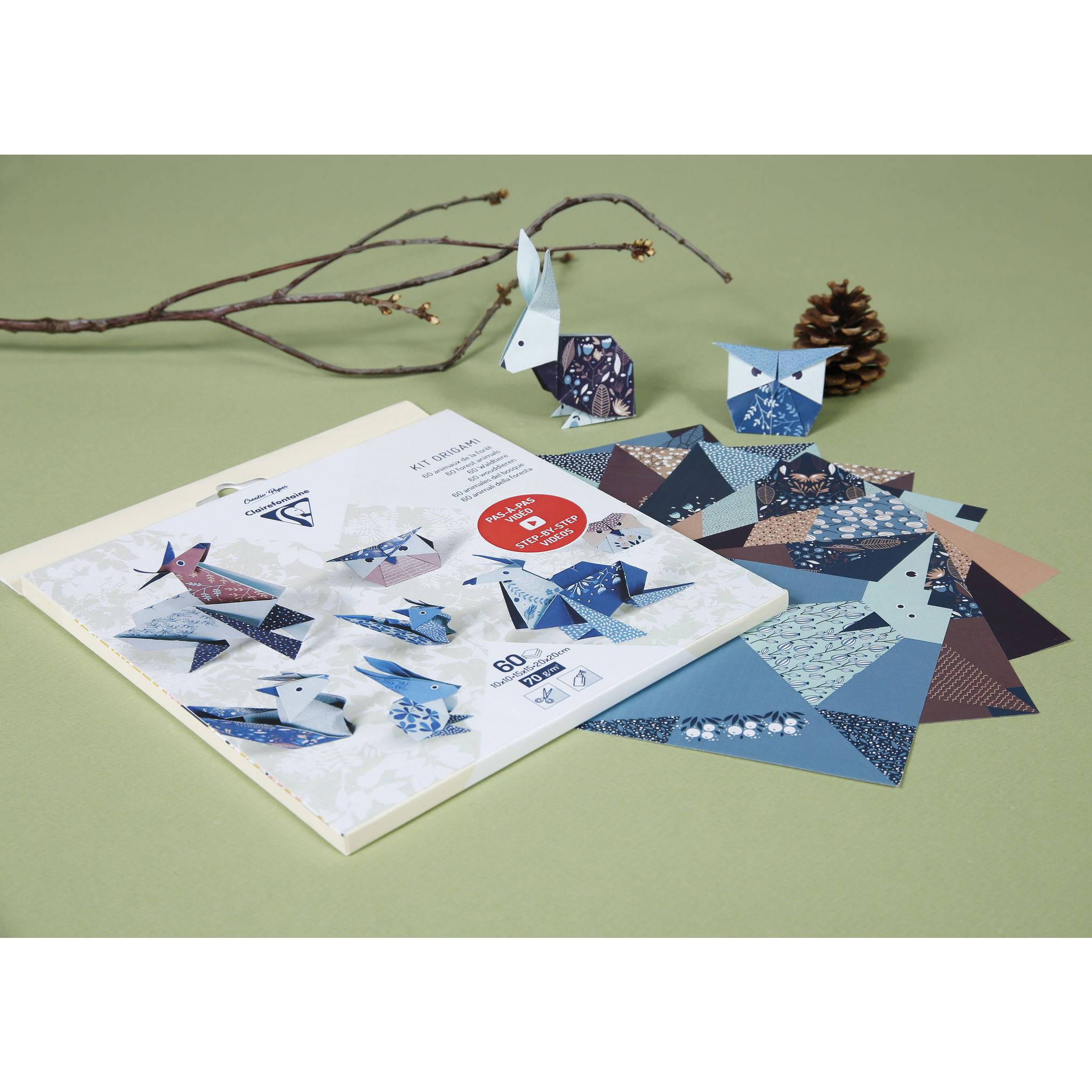 Clairefontaine 5x Origami, Pack. 60 Blatt in 3 Formaten, Thema Waldtiere 95368C