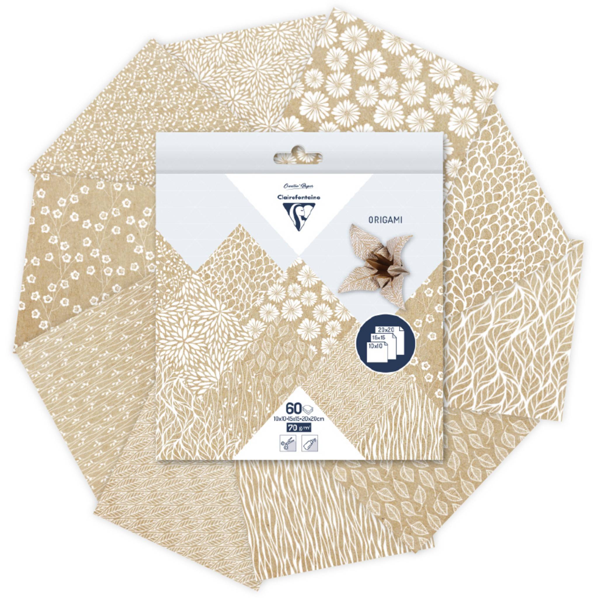 Clairefontaine 5x Origami, Pack. 60 Blatt in 3 Formaten, Kraft floral - 95355C