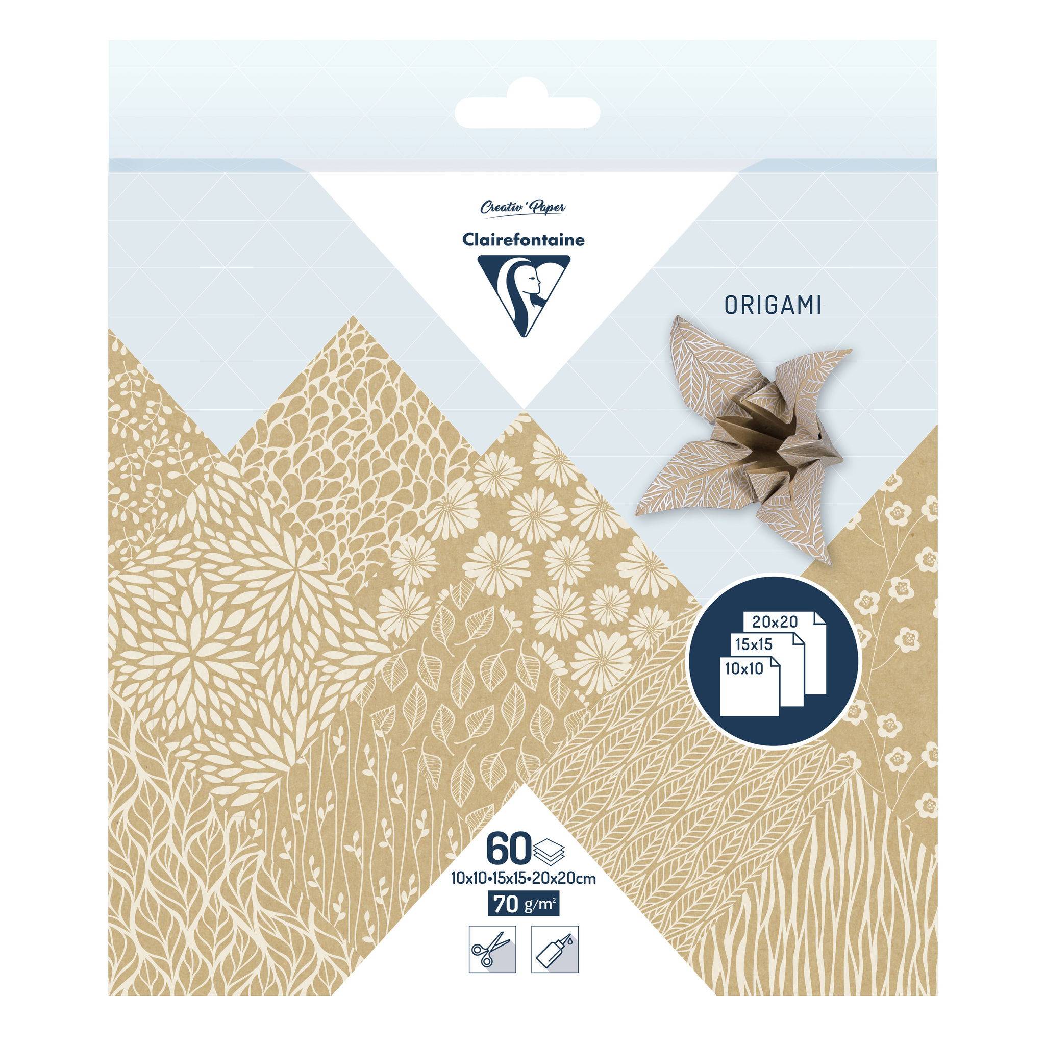 Clairefontaine 5x Origami, Pack. 60 Blatt in 3 Formaten, Kraft floral - 95355C