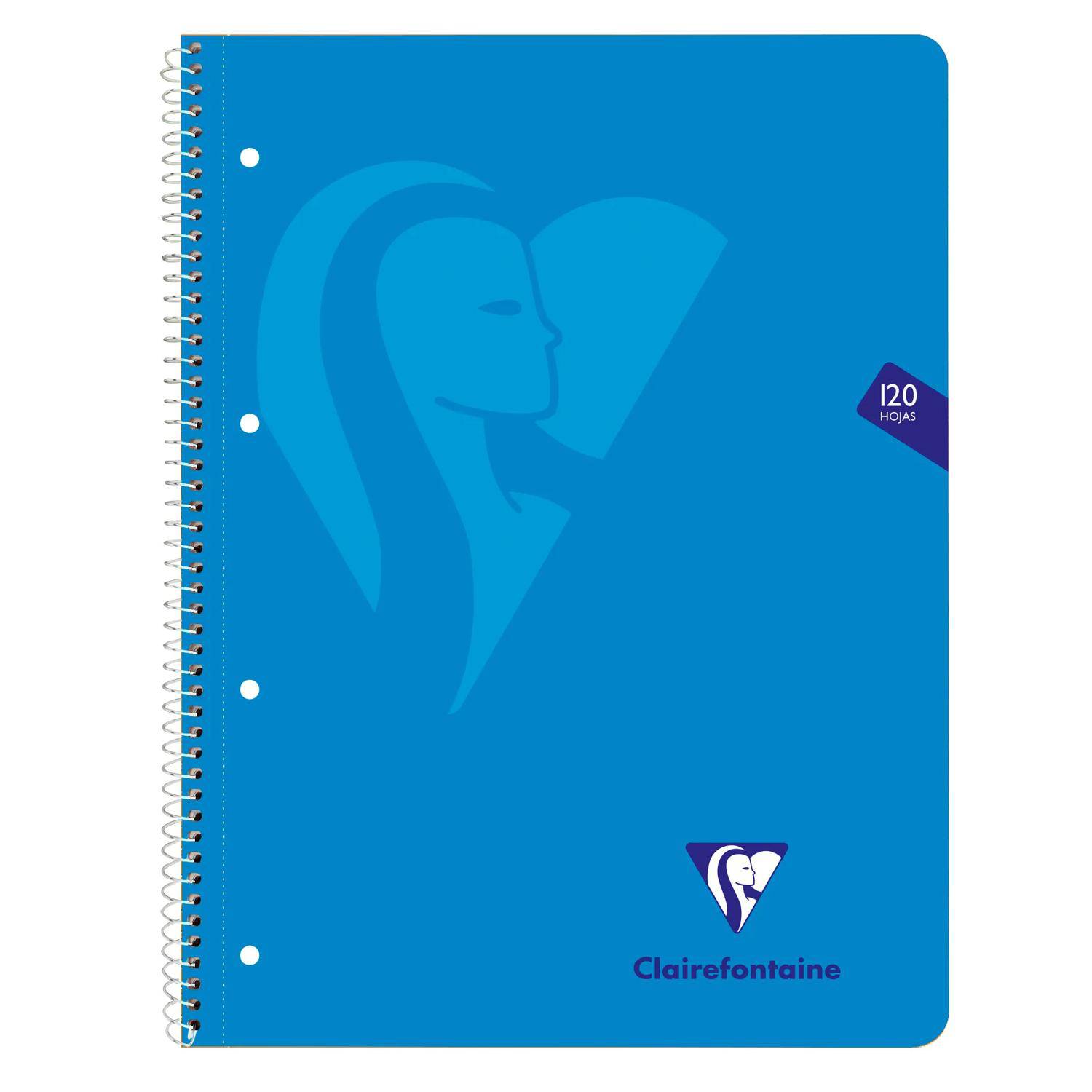 Blauer spiralgebundener Notizbuchartendeckel mit subtiler Frauenprofilgrafik, Clairefontaine-Logo und Etikett „120 hojas