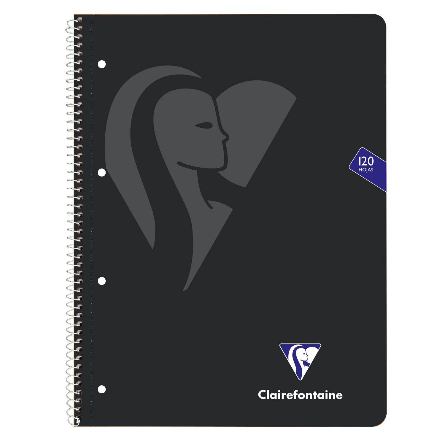 Schwarzes spiralgebundenes Notizbuch mit dunklem Einband, abstraktem Profillogo und "Clairefontaine""-Branding; das Etikett besagt ""120 hojas"".