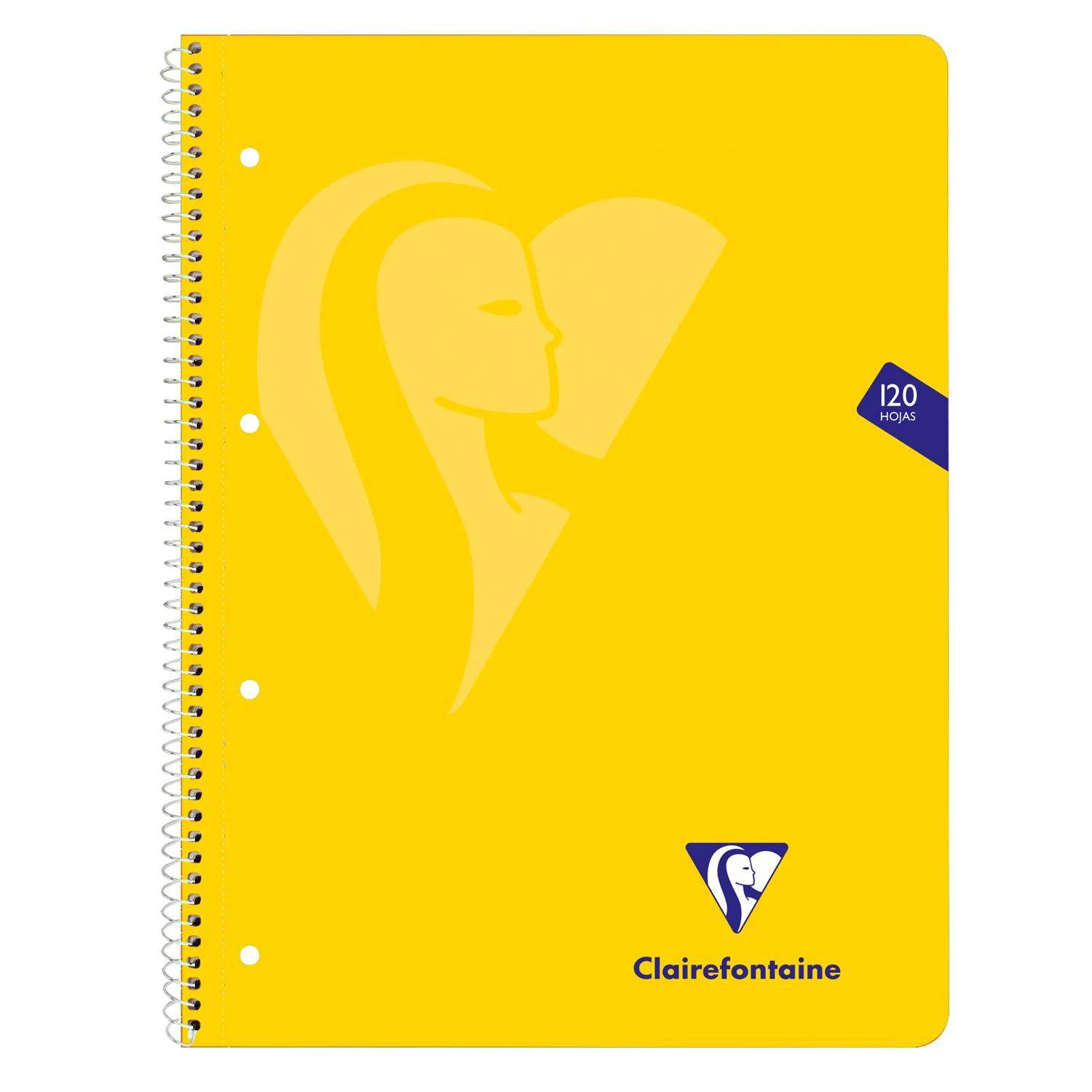 Gelbes Clairefontaine-Spiralnotizbuch mit schwachem Profillogo und Etikett „120 hojas".