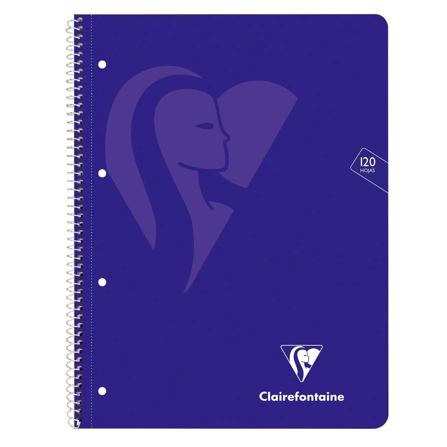 Umschlag eines violetten spiralgebundenen Notizbuchs mit einer stilisierten Profilillustration und dem Clairefontaine-Logo; der Text lautet „120 HOJAS".