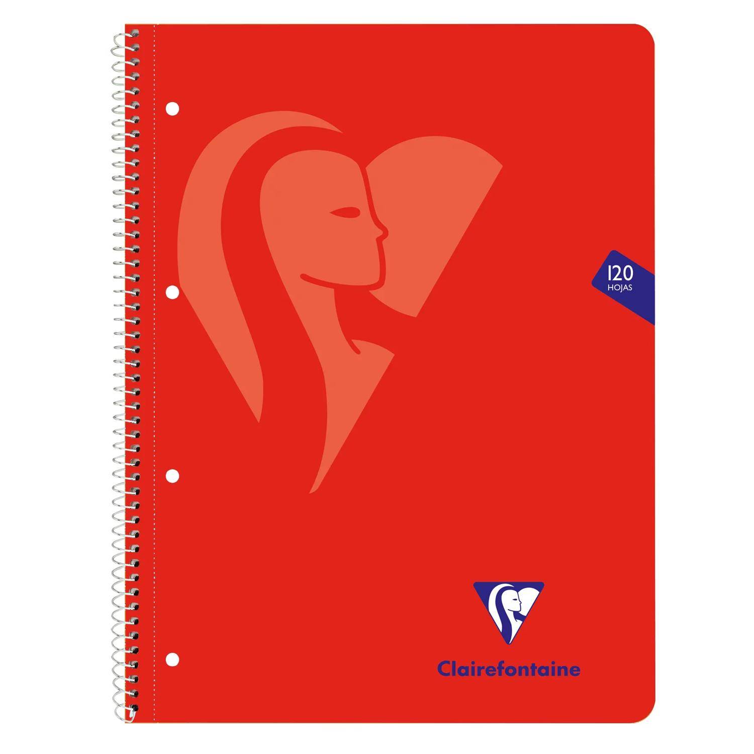 Rotes Clairefontaine-Spiralnotizbuch mit einer Frauenprofilgrafik, beschriftet mit "120 HOJAS"" und ""Clairefontaine"".