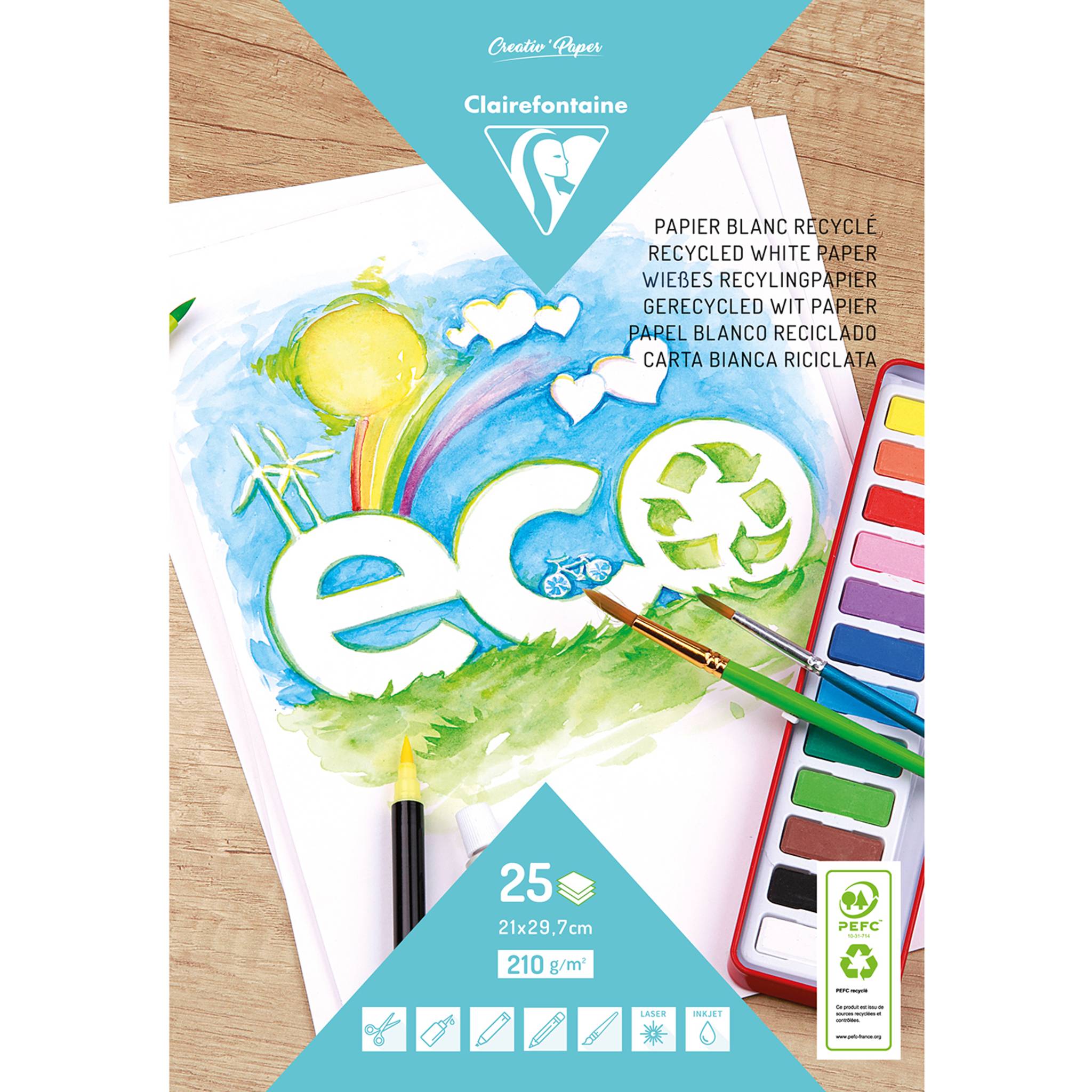 Clairefontaine 5x Weißes Recyclingpapier, Block mit 25 Bl A4, 210g Weiß 26513C
