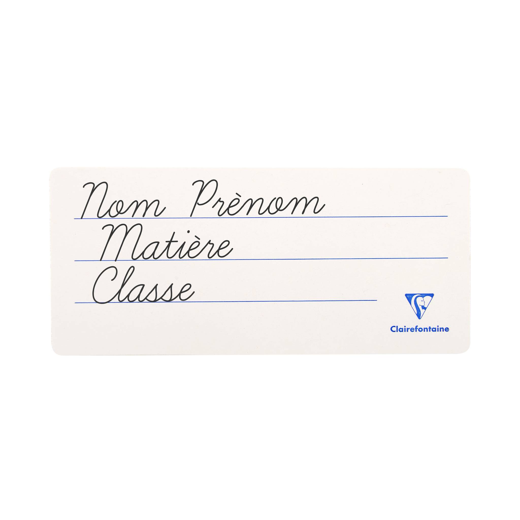 Schulname-Etikett mit drei Leerzeilen für „Nom Prénom", „Matière"" und „Classe"" mit Clairefontaine-Logo
