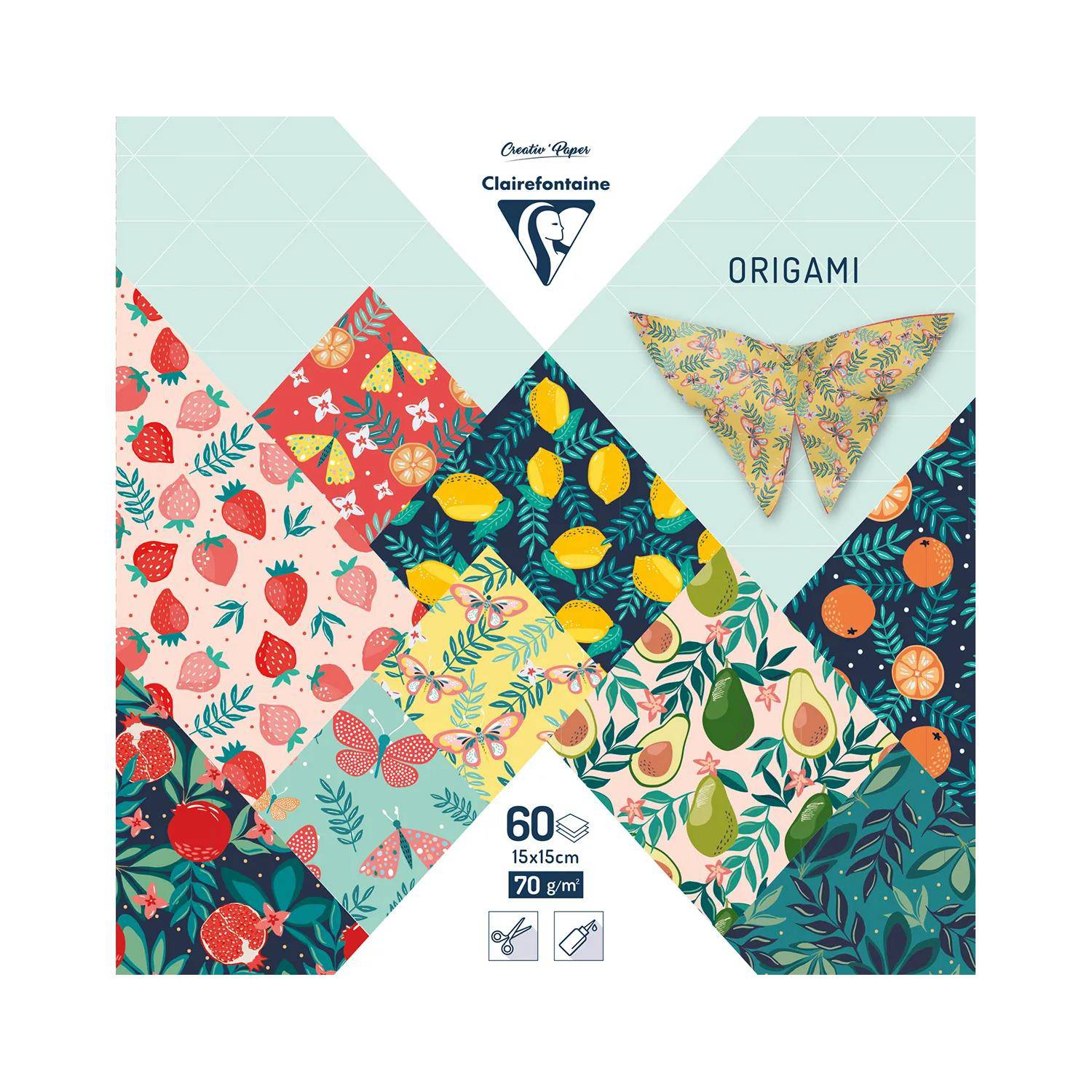 Clairefontaine 5x Origami, Pkg 15x15 cm 60 Bl 70g, Obstgarten Mehrfarbig 95357C