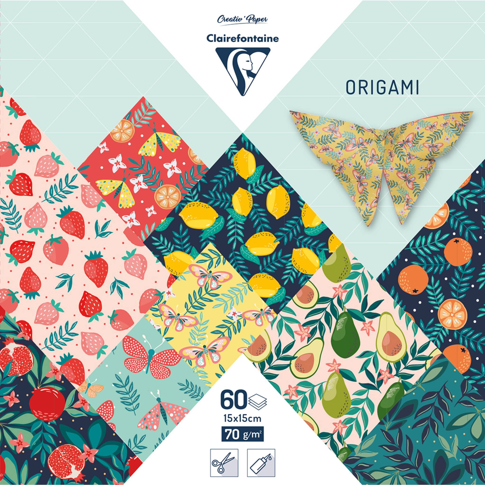 Clairefontaine 5x Origami, Pkg 15x15 cm 60 Bl 70g, Obstgarten Mehrfarbig 95357C