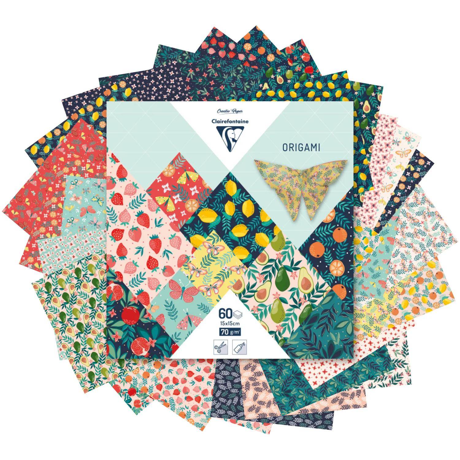 Clairefontaine 5x Origami, Pkg 15x15 cm 60 Bl 70g, Obstgarten Mehrfarbig 95357C