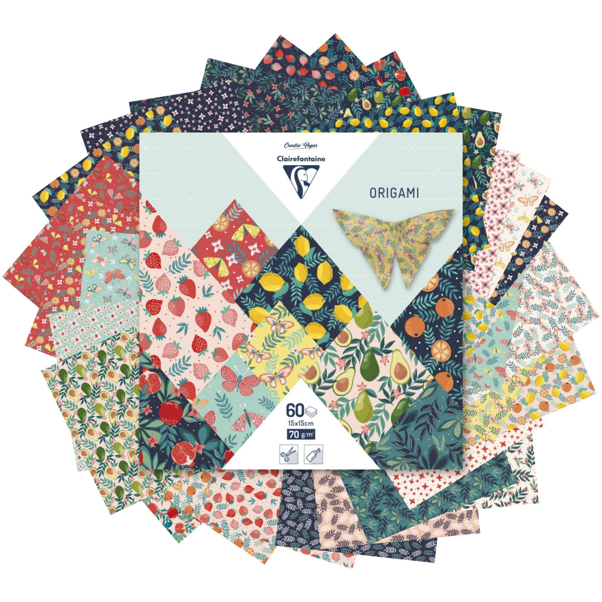 Clairefontaine 5x Origami, Pkg 15x15 cm 60 Bl 70g, Obstgarten Mehrfarbig 95357C
