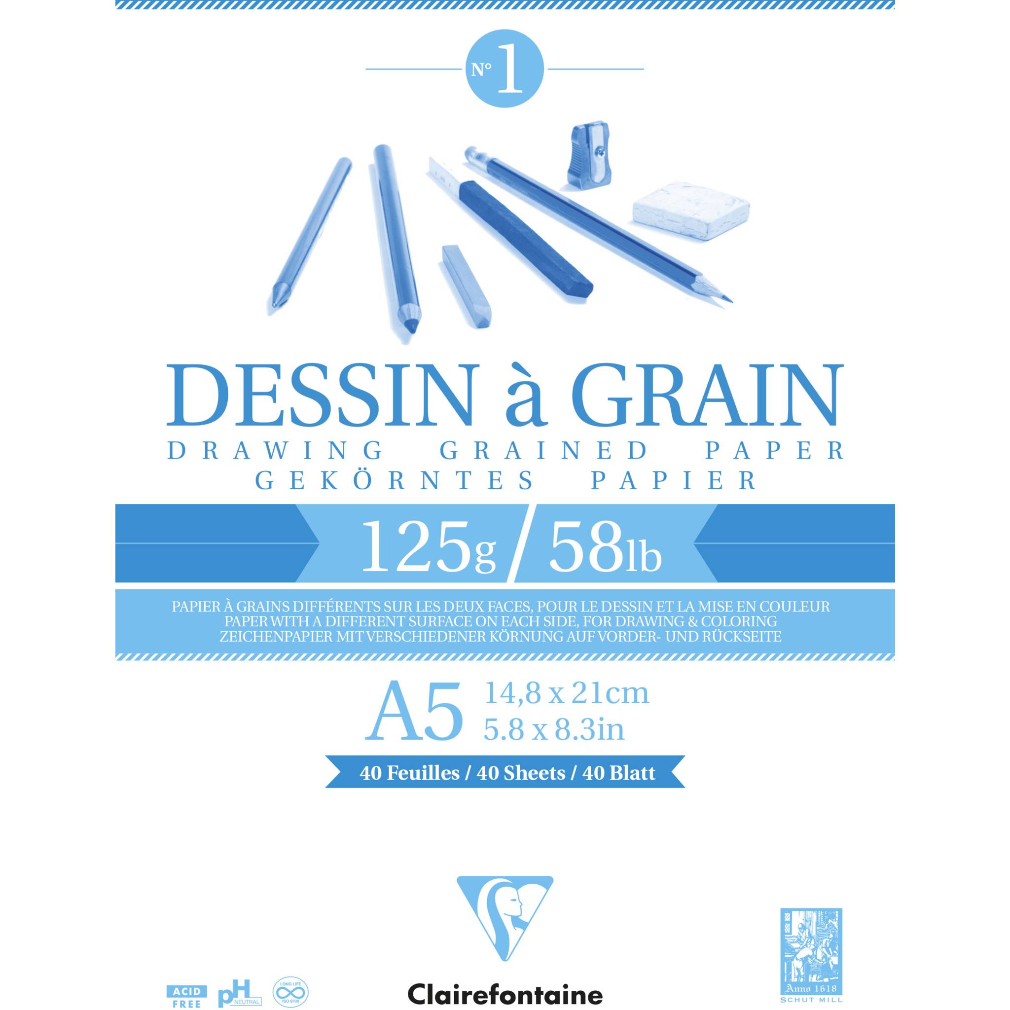 Clairefontaine 5x Gekörntes Zeichenpapier Block geleimt 40 Blatt A5 weiß 96686C