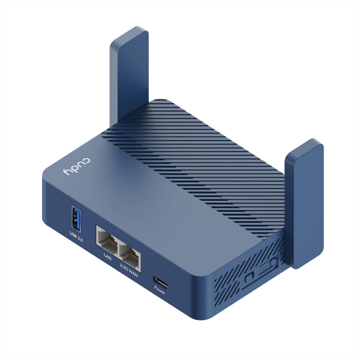 Blue Cudy Wi-Fi Router mit zwei Antennen, Ethernet-Anschlüssen, USB-Anschluss und Stromversorgungseingang in isometrischer Ansicht dargestellt.