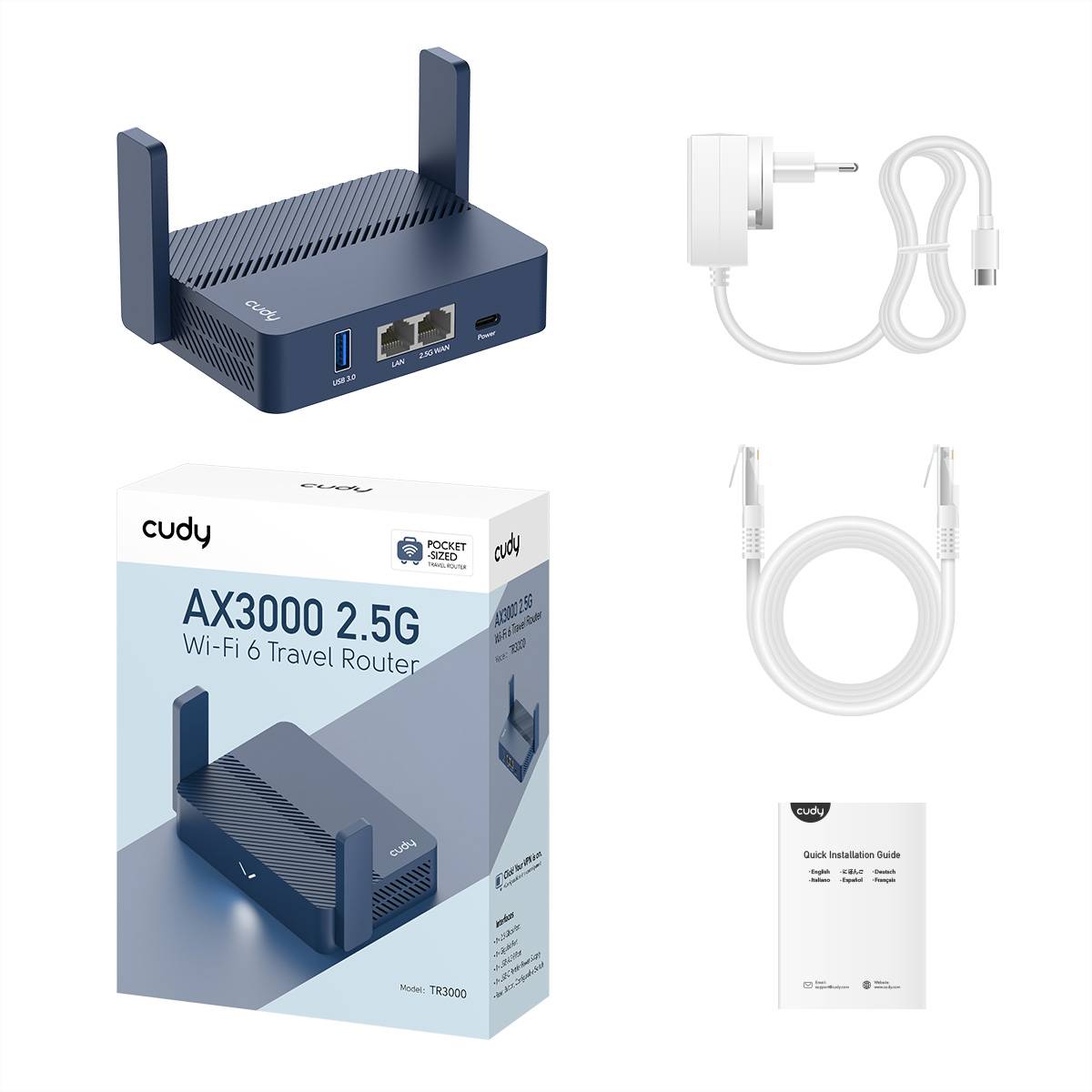 Cudy AX3000 2.5G Wi-Fi 6 Reiserouter mit Netzteil, Ethernet-Kabel und Schnellinstallationsanleitung in Originalverpackung.
