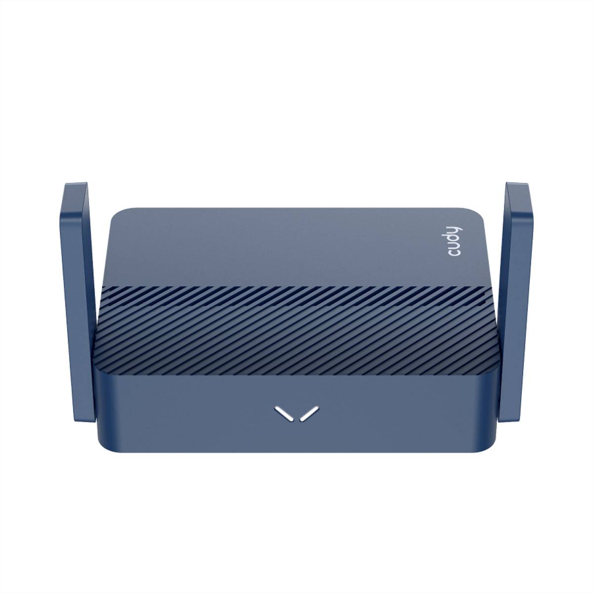 Blauer Cudy Wi-Fi-Router mit zwei aufrechten Antennen auf weißem Hintergrund.