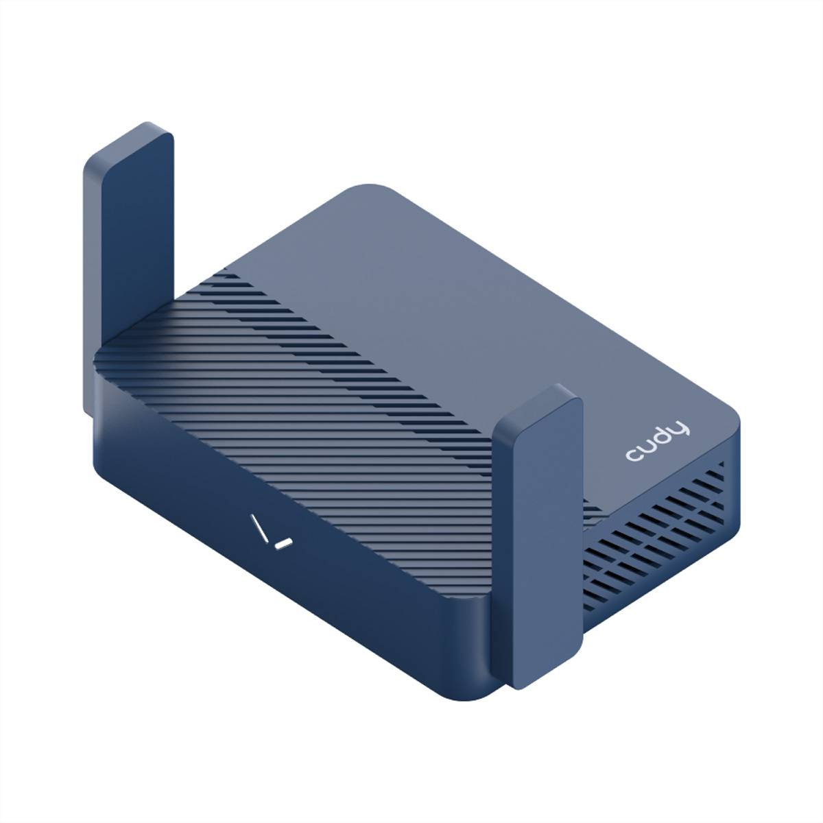 Blau Cudy-Marken-Kompaktrouter/Modem mit zwei aufrechten Antennen auf weißem Hintergrund.
