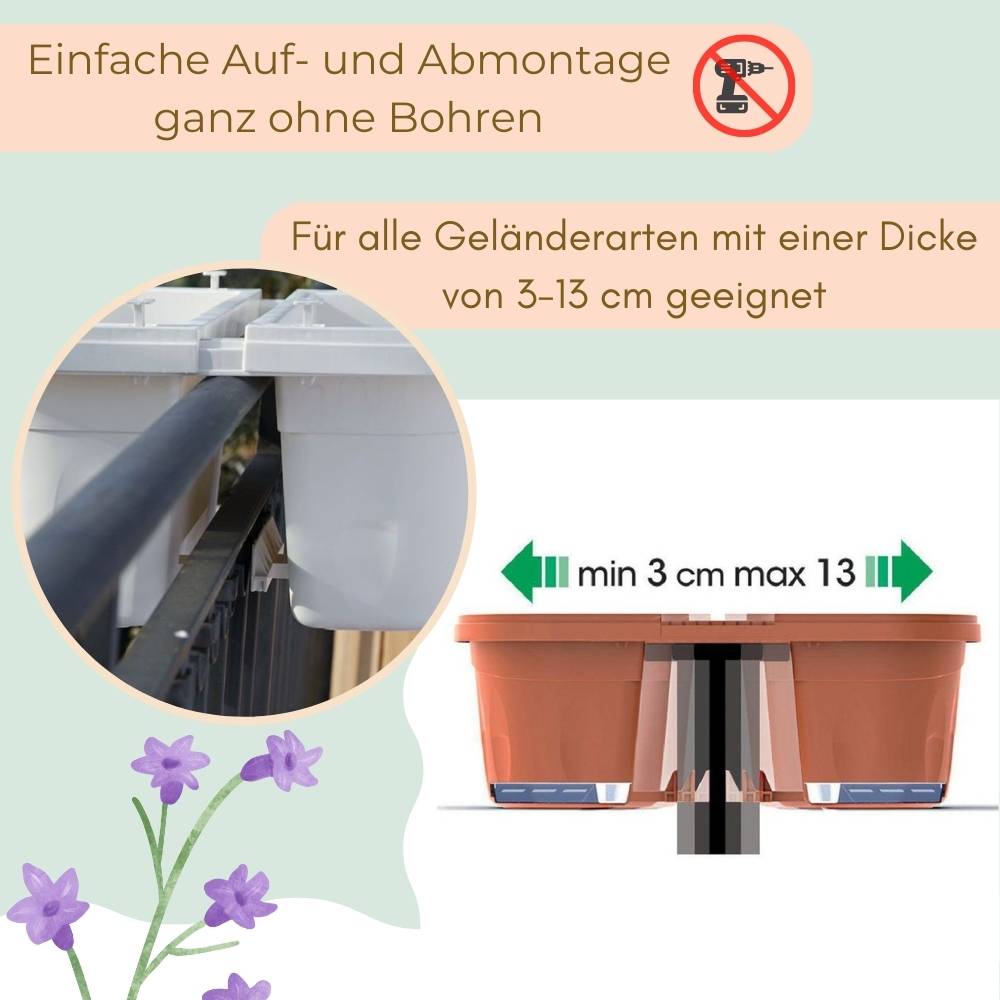 Blumenkasten Balkongeländer Beidseitig Balkon Blumenkasten Doppelseitig Balkonkasten mit Halterung Geländerkasten mit Wasserspeicher weiß 40 cm