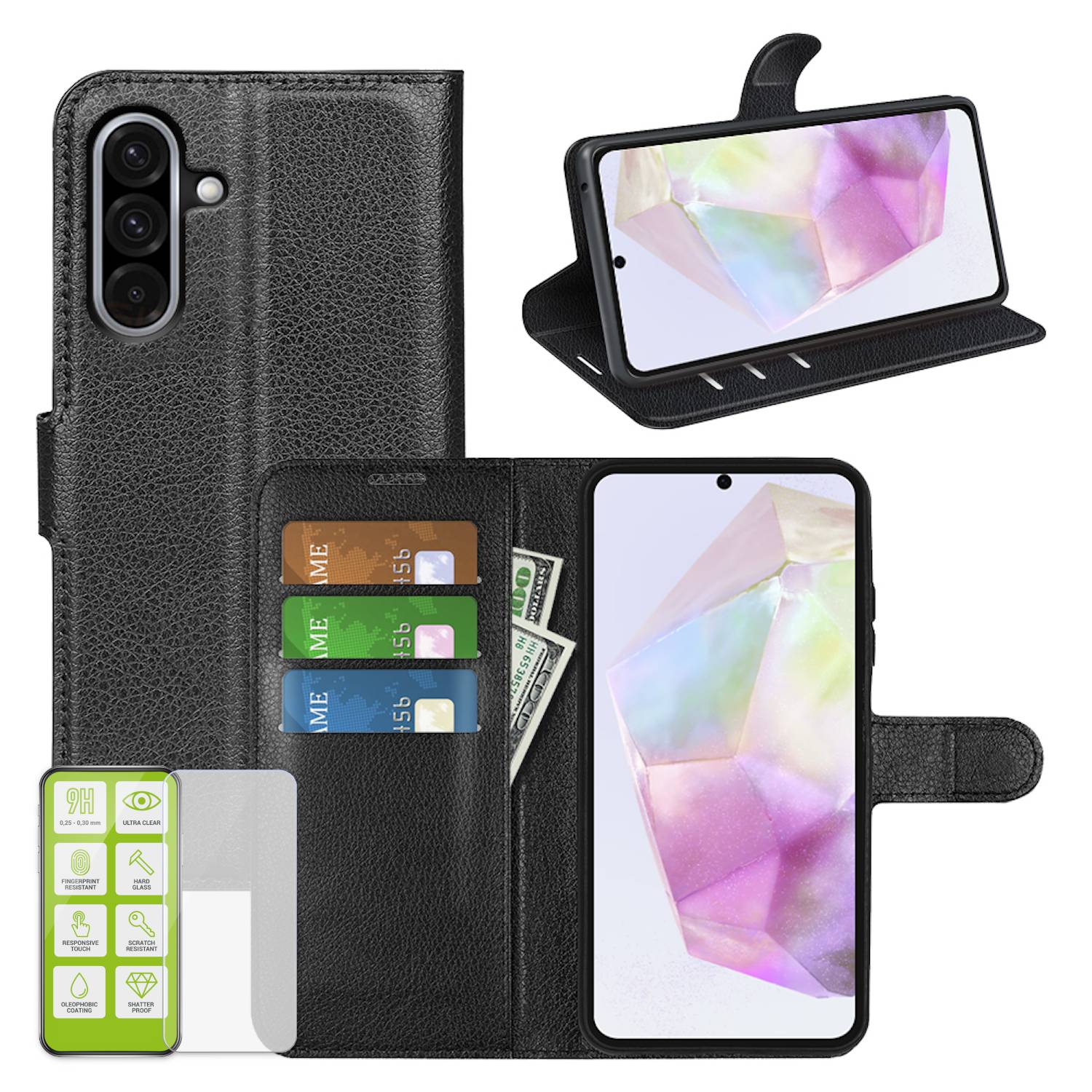 Für Samsung Galaxy A56 / A36 Kunstleder Book Wallet Tasche Schwarz + Hart Glas