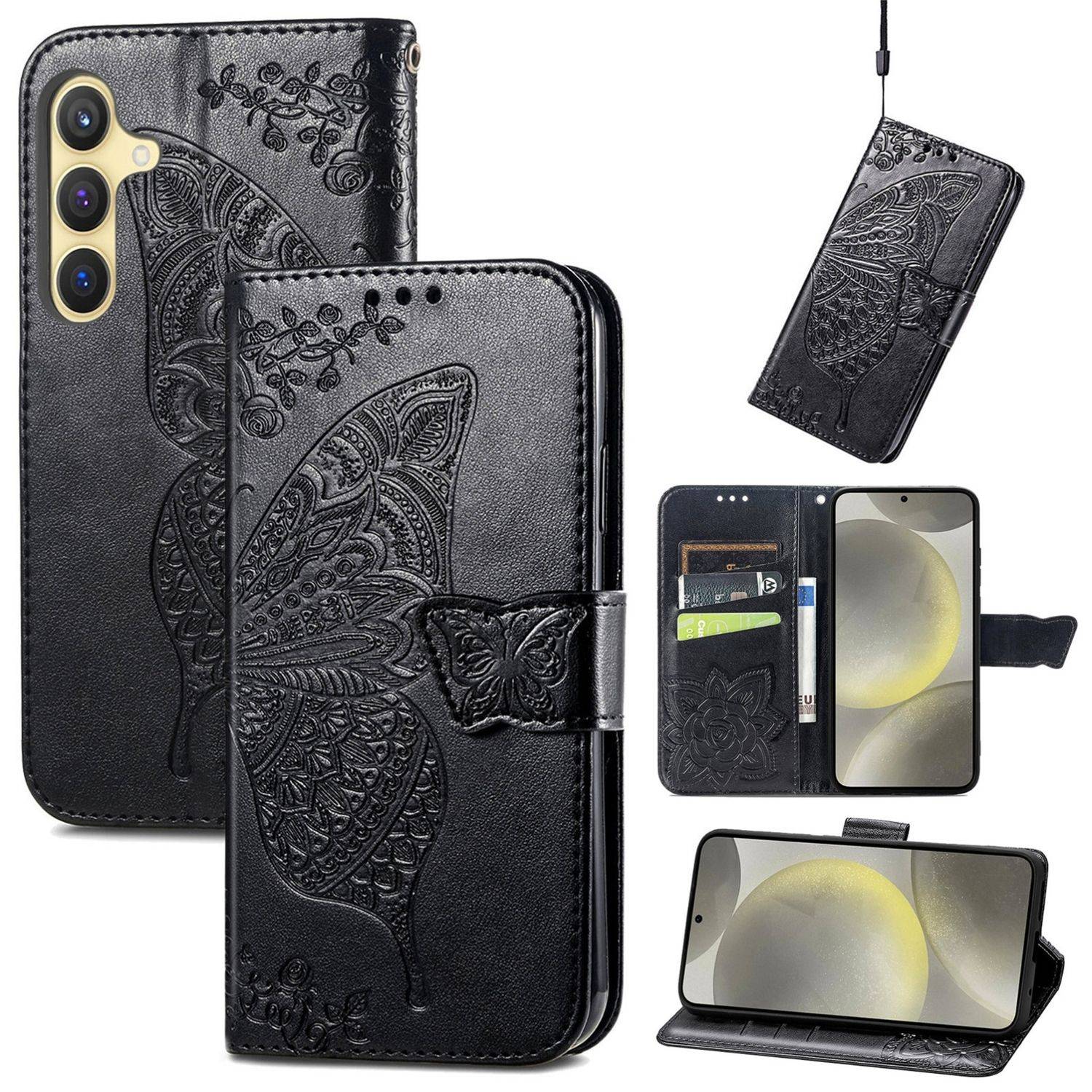 Für Samsung Galaxy A56 / A36 Kunstleder Wallet Handy Tasche Schmetterling Design Hülle Etuis Schwarz