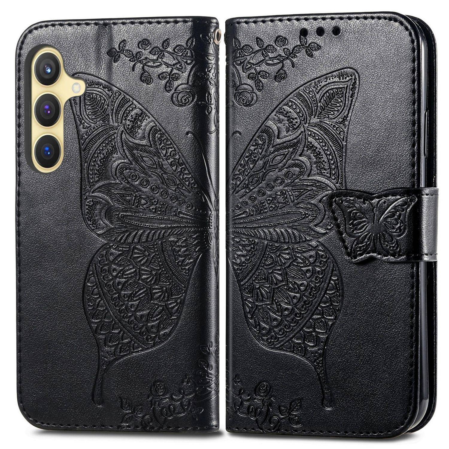 Für Samsung Galaxy A56 / A36 Kunstleder Wallet Handy Tasche Schmetterling Design Hülle Etuis Schwarz