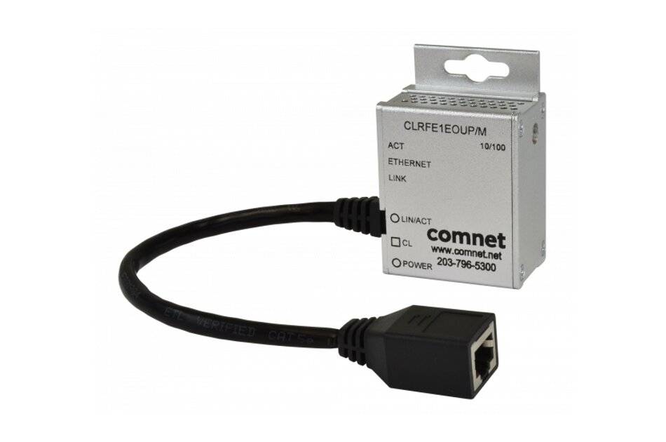 Comnet CLRFE1OUPM Ethernet-Geräte-Modul mit einem kurzen schwarzen Kabel und RJ45-Stecker auf weißem Hintergrund.