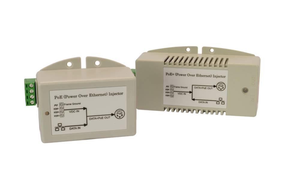 Zwei PoE-Injektor-Module (Power Over Ethernet) mit beschrifteten Daten- und Stromversorgungseingängen/-ausgängen, auf weißem Hintergrund dargestellt.