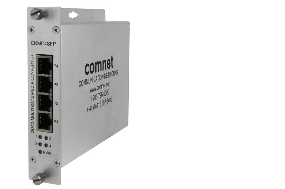 Ein ComNet Quad Multi-Rate Media-Converter-Modul mit vier Ethernet-Anschlüssen und Status-LEDs auf einem grauen Metallgehäuse.