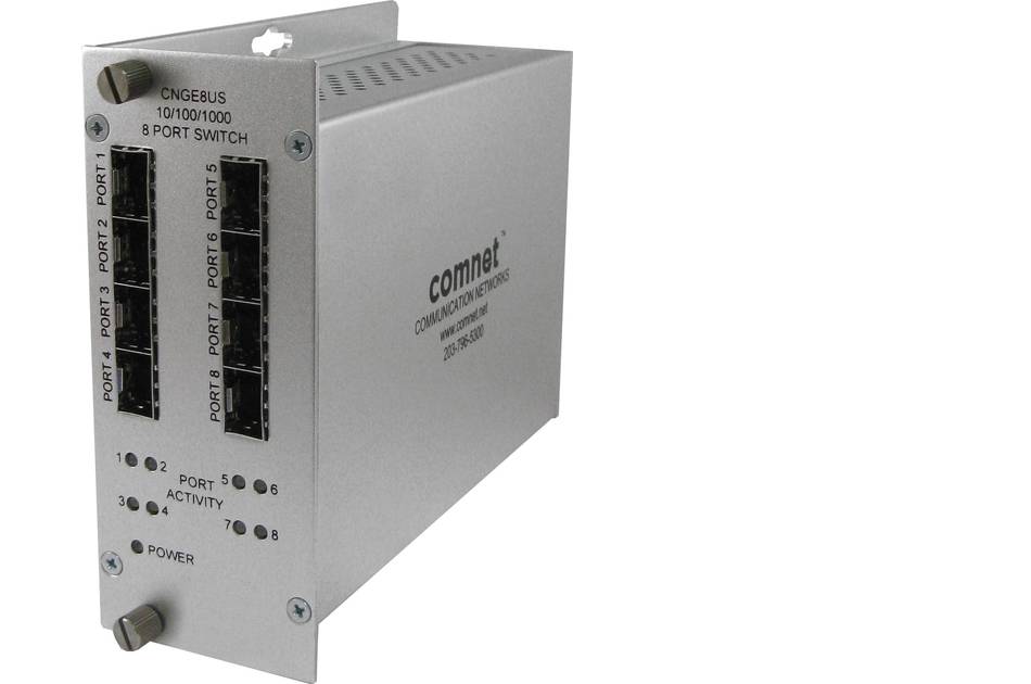 Metall ComNet 8-Port Ethernet-Schalter mit Front-Panel-Anschlüssen, Statusleuchten und Stromversorgungsanzeige auf weißem Hintergrund