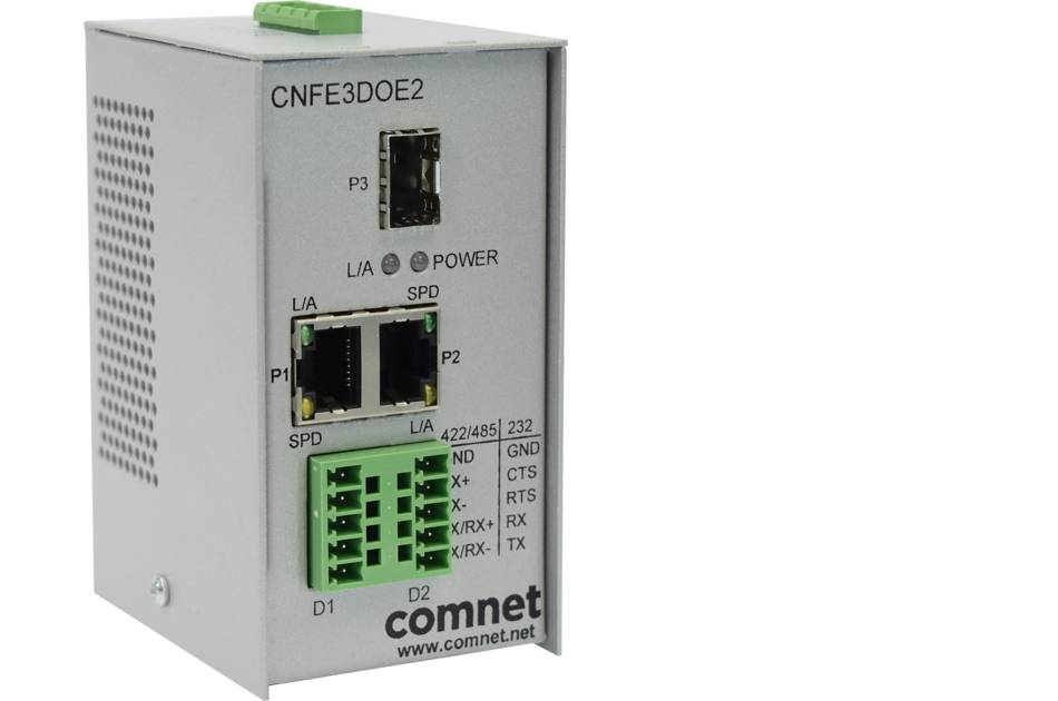 Industrielles ComNet CNFE3DOE2-Netzwerkgerät mit Ethernet-Anschlüssen, Statusleuchten und Terminalverbindungen auf einem grauen Metallgehäuse.