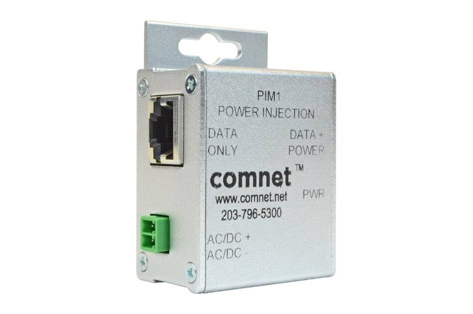 Comnet PIM1 Stromeinspritzungsmodul mit Ethernet-Anschluss und grünem Klemmblock, gekennzeichnet mit „DATA ONLY