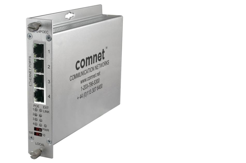 Kommerzielle Ethernet-Netzwerk-Switch-Modul in einem Metallgehäuse, schräg dargestellt mit vier nummerierten Anschlüssen und Status-LEDs auf der Frontplatte.