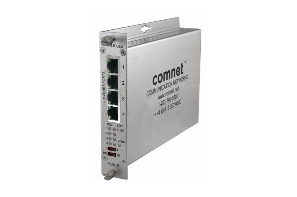 Ein ComNet-Kommunikationsnetzwerk-Ethernet-Extender-Modul mit vier nummerierten Anschlüssen und Kontrollleuchten auf weißem Hintergrund.